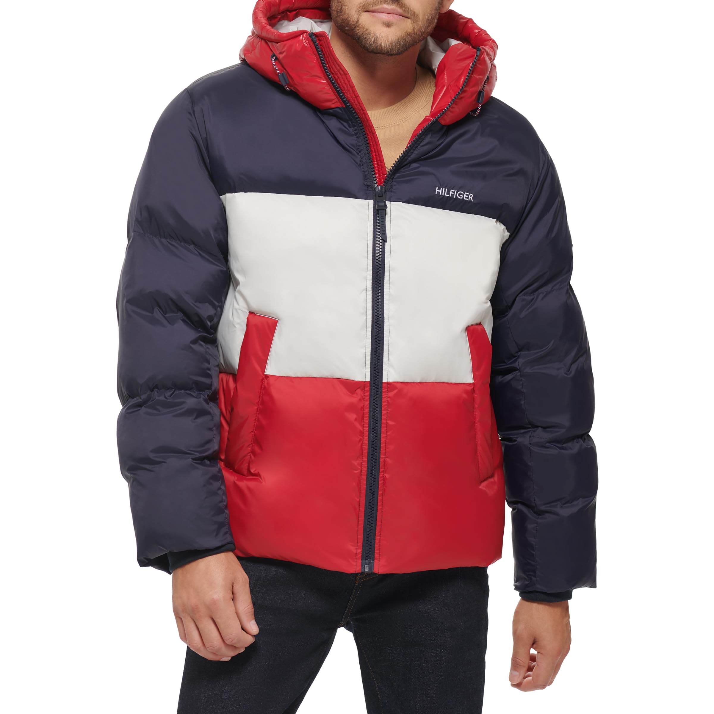 Tommy Hilfiger Men's Relaxed Quilted Puffer Jacket, Midnight/Ice/Red, XL