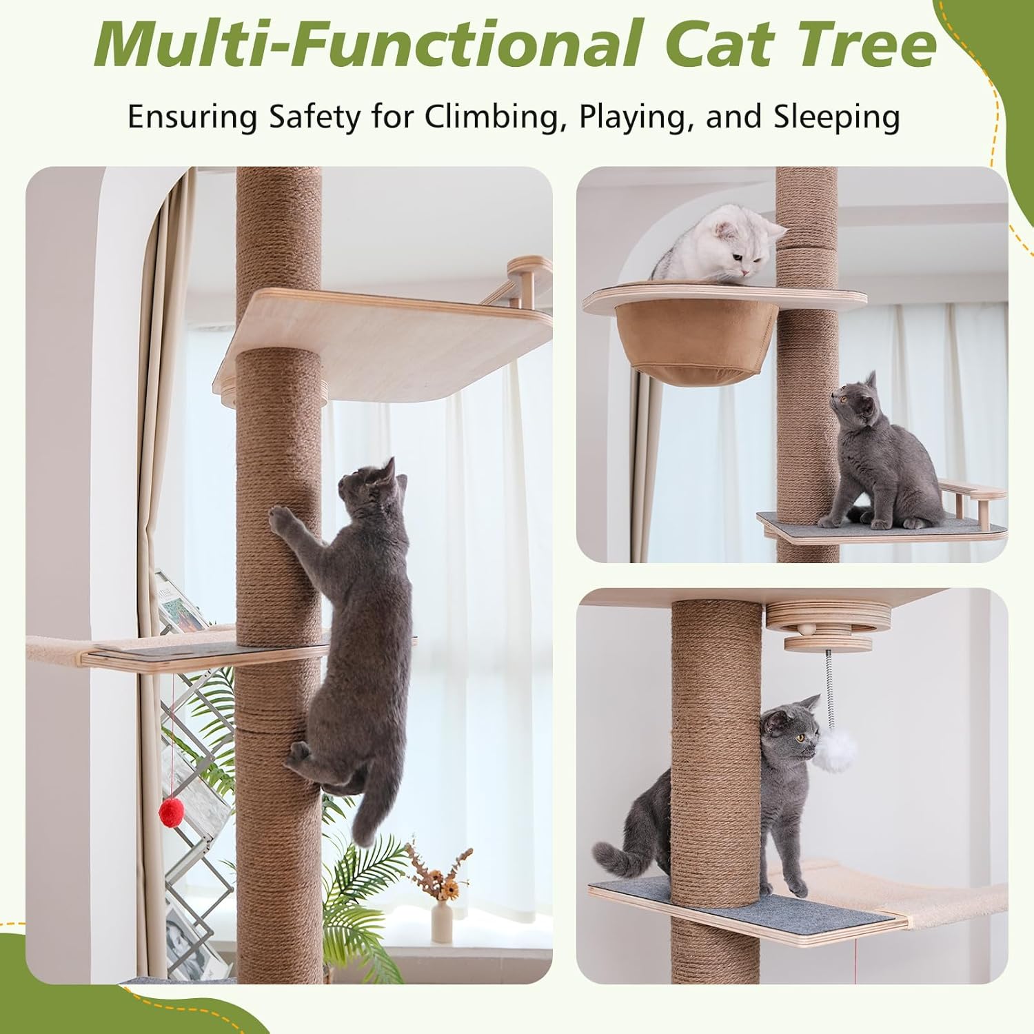 Floor to Ceiling Cat Tree, 5 Tier Cat Tower Adjustable Height (82-120 in), Tall Climbing Tree with Perches, Hammock, Scratching Post, Bed, Ball Toys, Solid Structure and Neutral Color Fit Home Decor