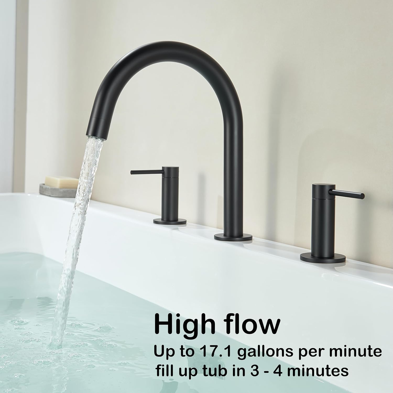 High Flow Deck Mount Tub Faucet Black with 2-Handle Widespread Roman Tub Filler Deck Mounted Bthtub Faucet with Hot & Cold Supply Lines with Valve RIGOBAL