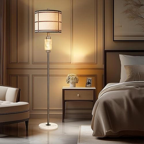 Miniatura 10 de Lámpara de pie de alabastro natural, lámparas de pie para sala de estar, lámpara de pie con luz nocturna, pantalla de lino, base de mármol, lámpara