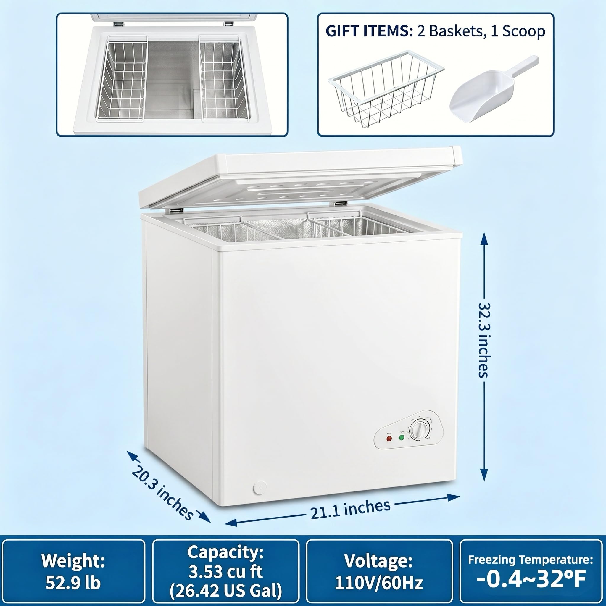 Casanta 3.5 Cu.Ft Chest Freezer, Compact Deep Freezer With 2 Removable Baskets, Convertible Refrigerator & Freezer (-0.4℉ To 50℉), Energy Saving Freestanding Freezer For Garage, Home, Arctic White on Fridge.com - View 2