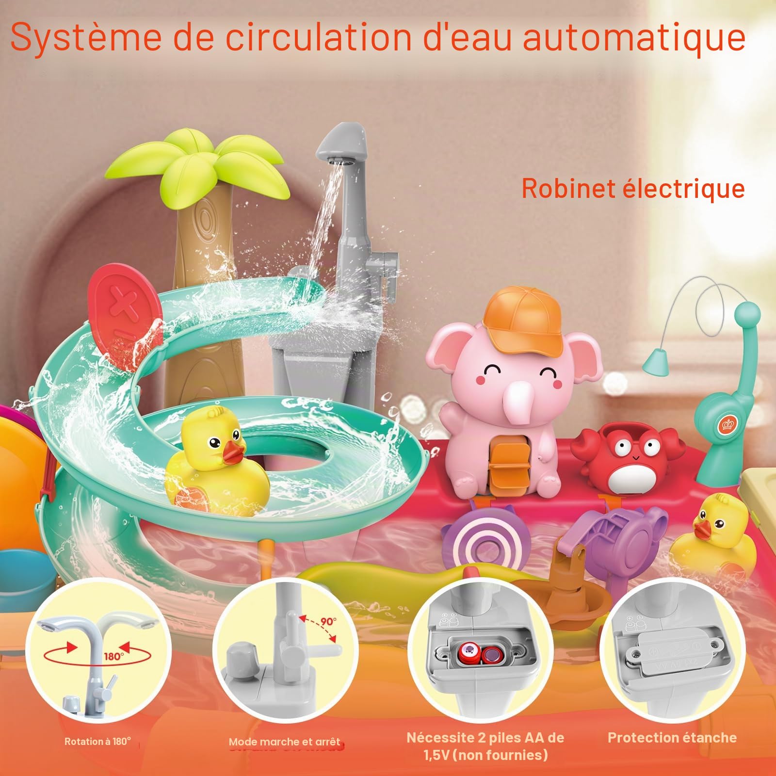 VATOS Évier de jeu avec eau courante, robinet électrique et manuel 2 en 1, jouet d'évier de cuisine, toboggan de canard, table à eau d'été, ensemble de lave-vaisselle pour enfants pour garçons et