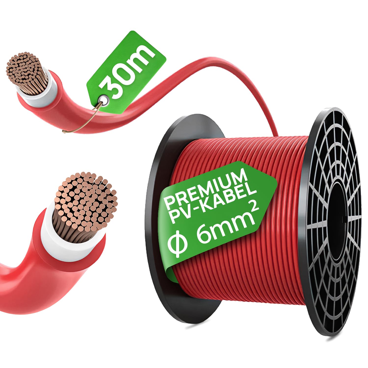 HANTECH Premium Solarkabel 6mm² Rot - Meterware von Athilex- UV-beständig, flexibel, Photovoltaik Kabel, PV Kabel, Solar Anschlusskabel für Solarpanel, Wechselrichter (rot, 30m)