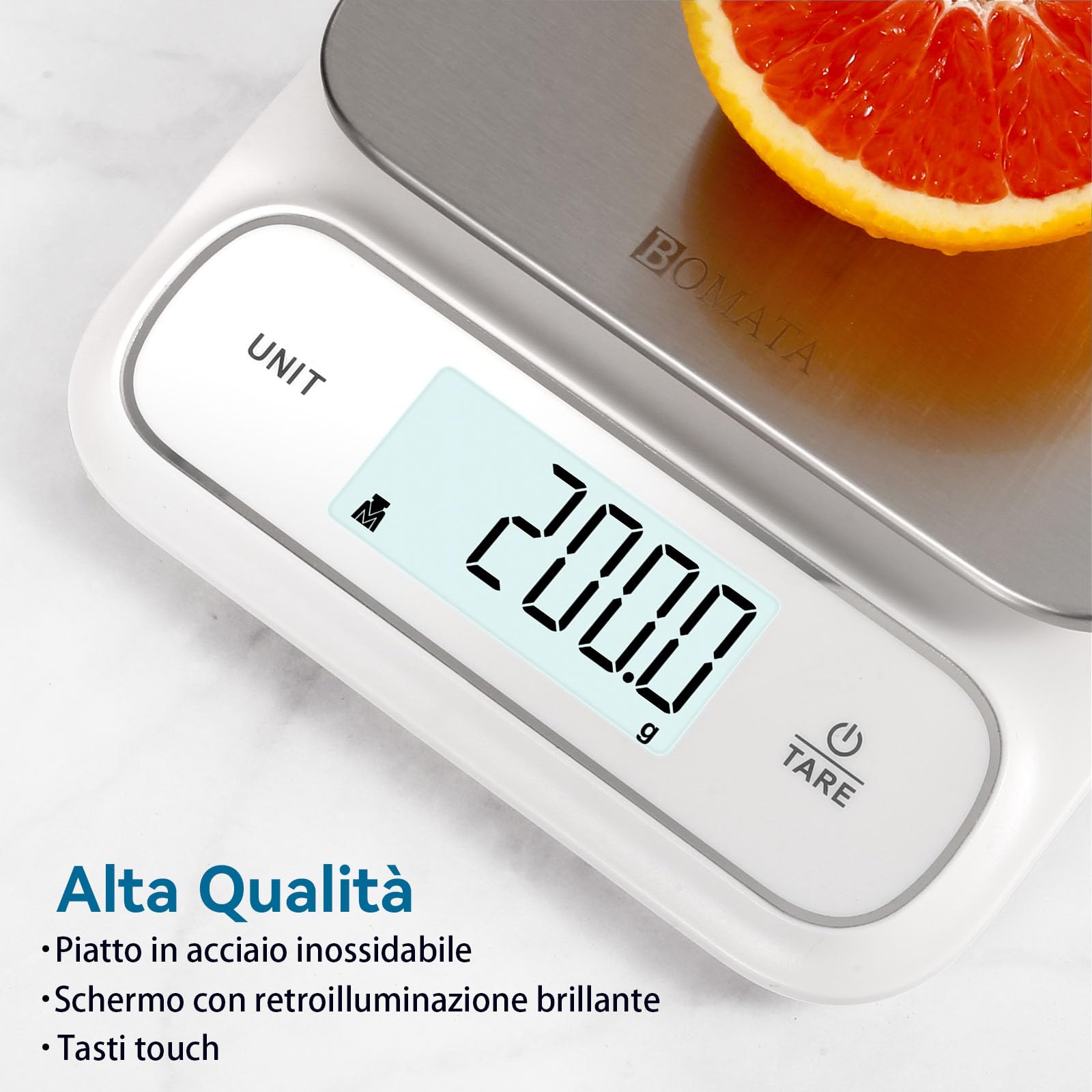 BOMATA bilancia da cucina impermeabile IPX6, alta precisione di 0,1g, con display digitale retroilluminato, piattaforma di pesatura in acciaio inox, alimenti, cucina, pasticceria, ecc. B619 Bianco