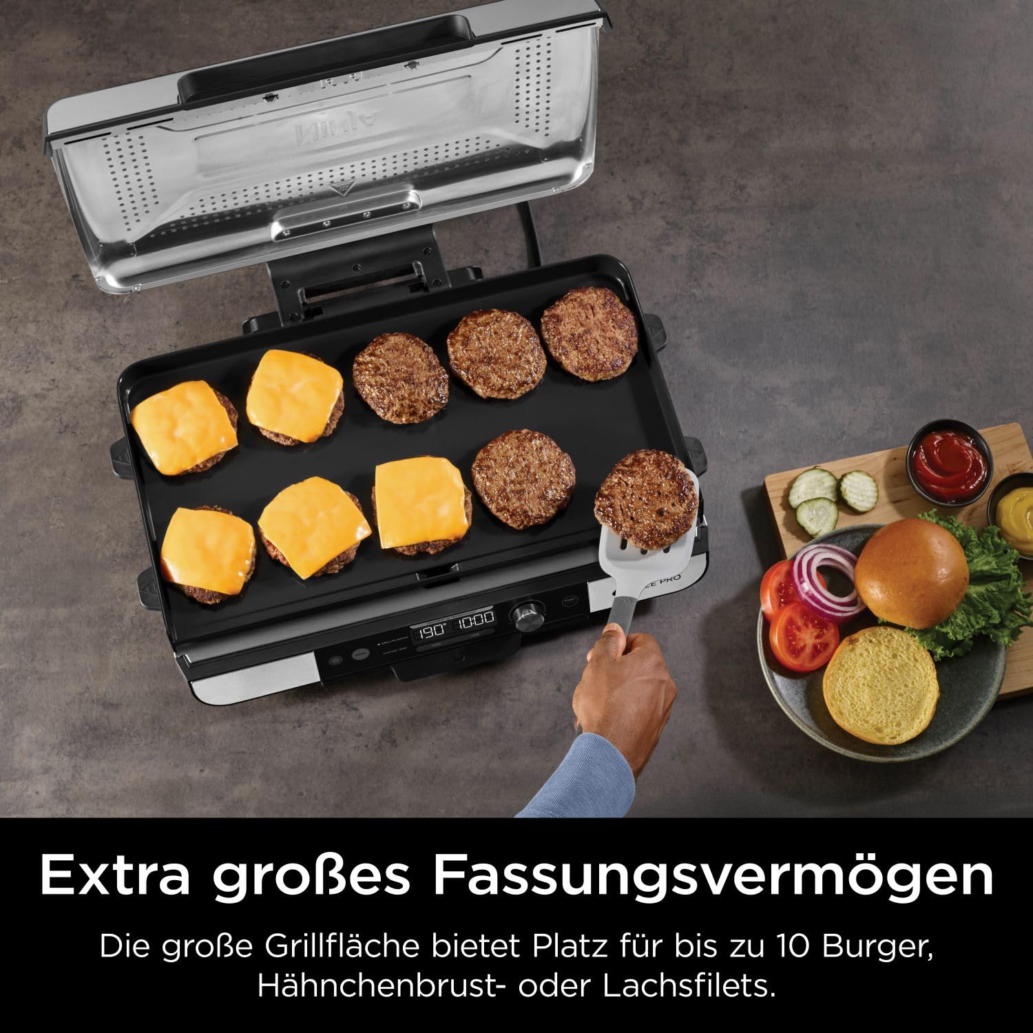 Ninja Sizzle Pro XL Indoor-Grill & Plancha GX101EU, Keramikbeschichtung, abnehmbarer Deckel, Silber/Schwarz