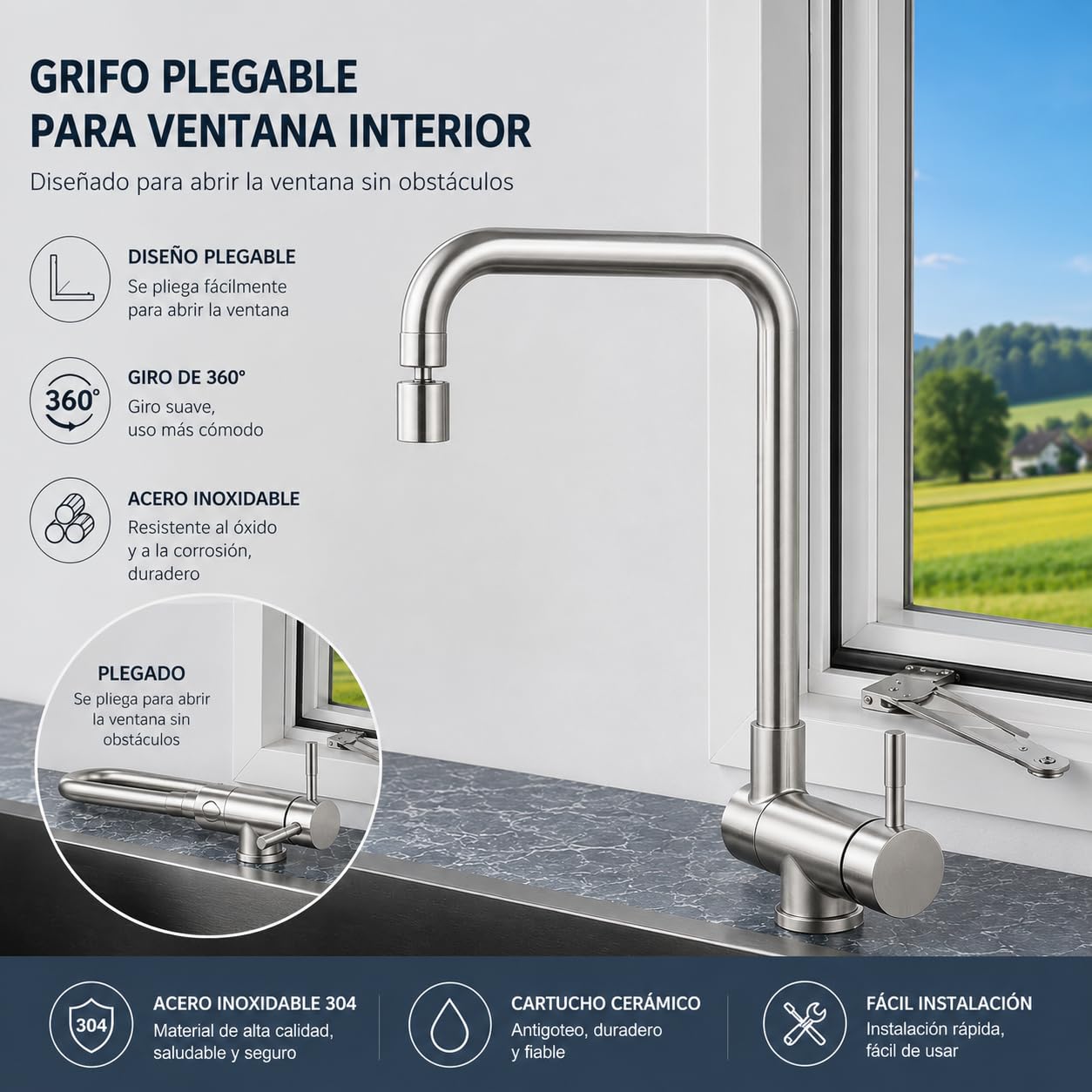 Grifo de Cocina Abatible Bajo Ventana, Triple Rotación (360° Frontal y Lateral + Boquilla Inclinable), Acero Inoxidable 304 Reforzado Anticorrosión (Inox cepillado)