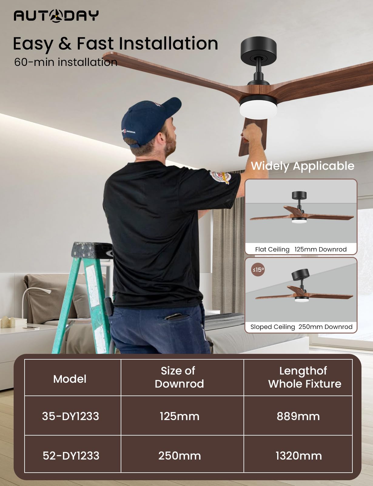 AUTODAY Legno Ventilatore da soffitto con luce 30W motore DC ultra silenzioso diametro 132cm con 3 pale reversibili Telecomando con funzione di memoria 6 velocità dimmerabile ventilatore soffitto