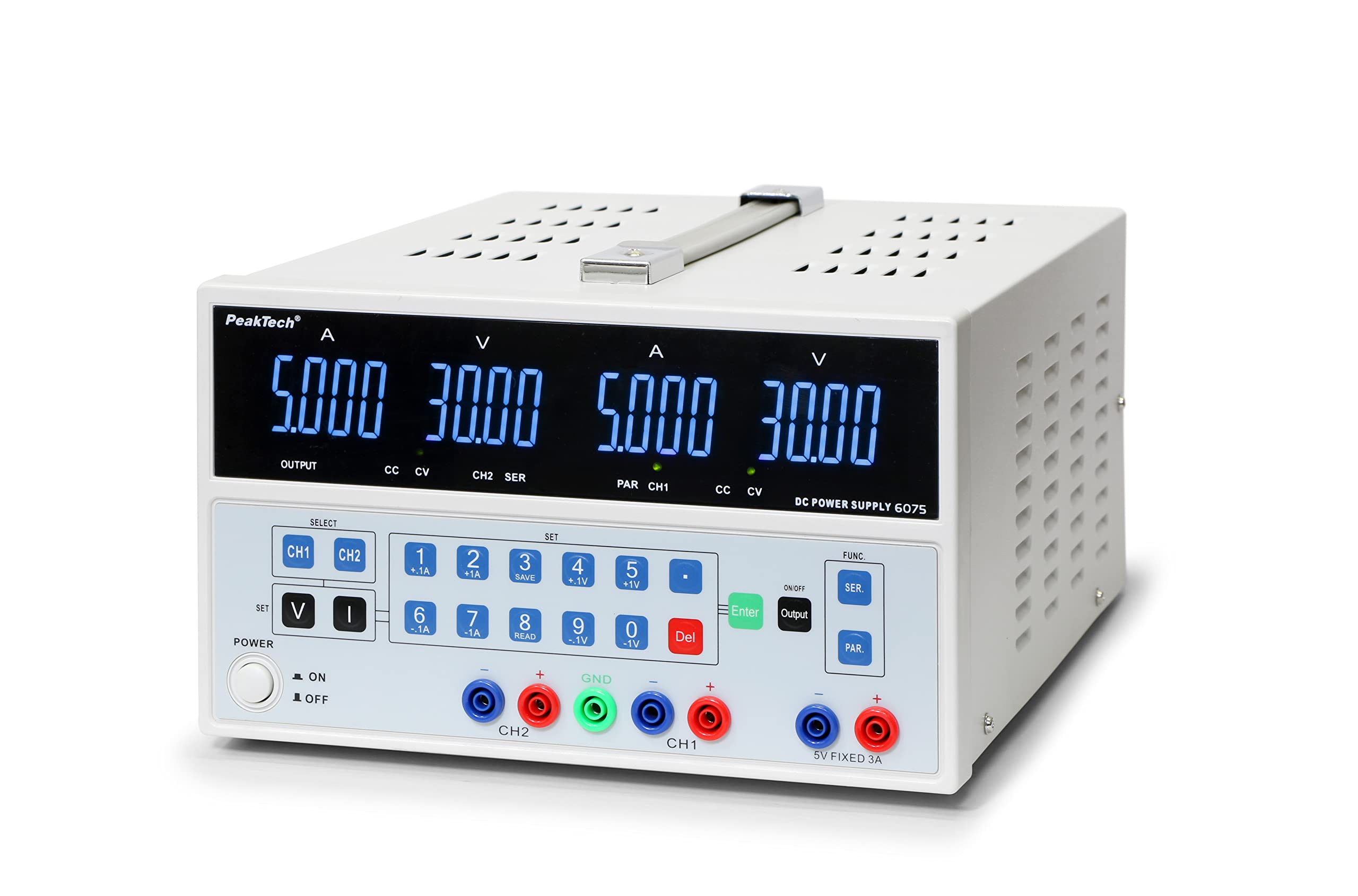 PeakTech - Alimentatore da laboratorio digitale doppio, 0-30 V / 0-5 A DC con USB, stabilizzato, lineare, 1 mA e risoluzione 10 mV, senza ventola, 1 pezzo, P 6075