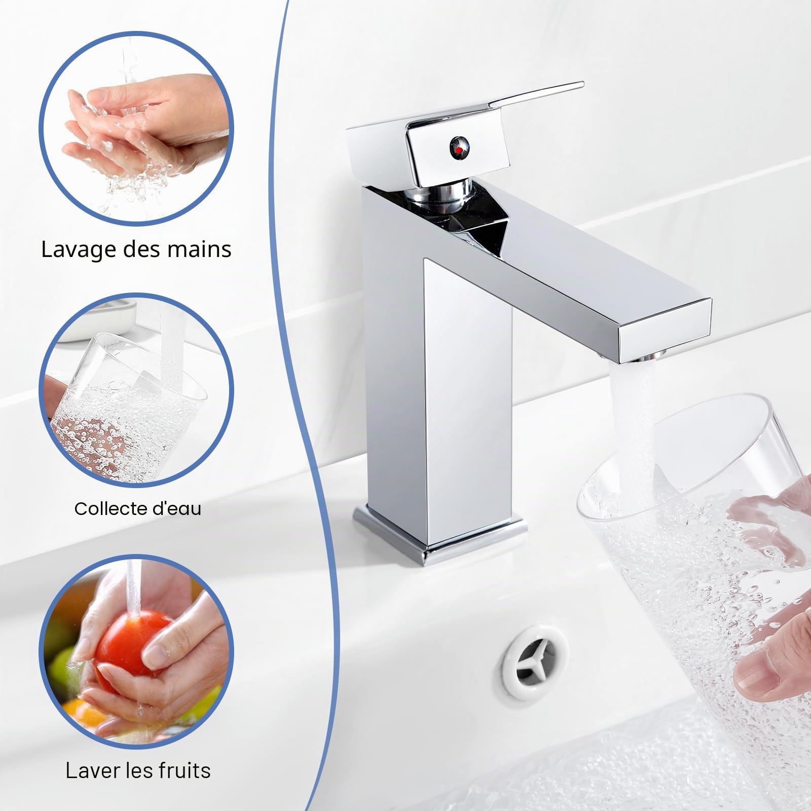 Mitigeur de lavabo carré chromé avec bonde pop-up Mitigeur monocommande pour salle de bain