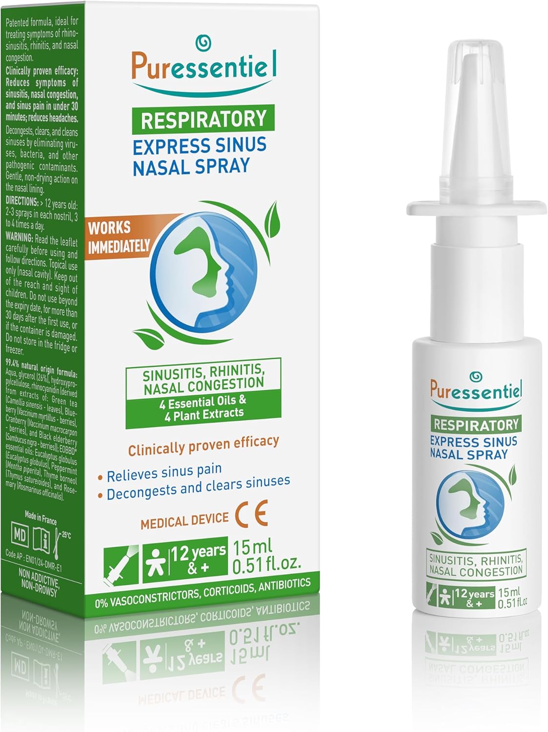 Puressentiel – Respiratory – Express Sinus Nasal Spray – Natural Remedy for Sinusitis, Nasal Congestion and Nasal Pain – Clinically Proven Efficacy – Organic Essential Oils & Plant Extracts – 15 ml
