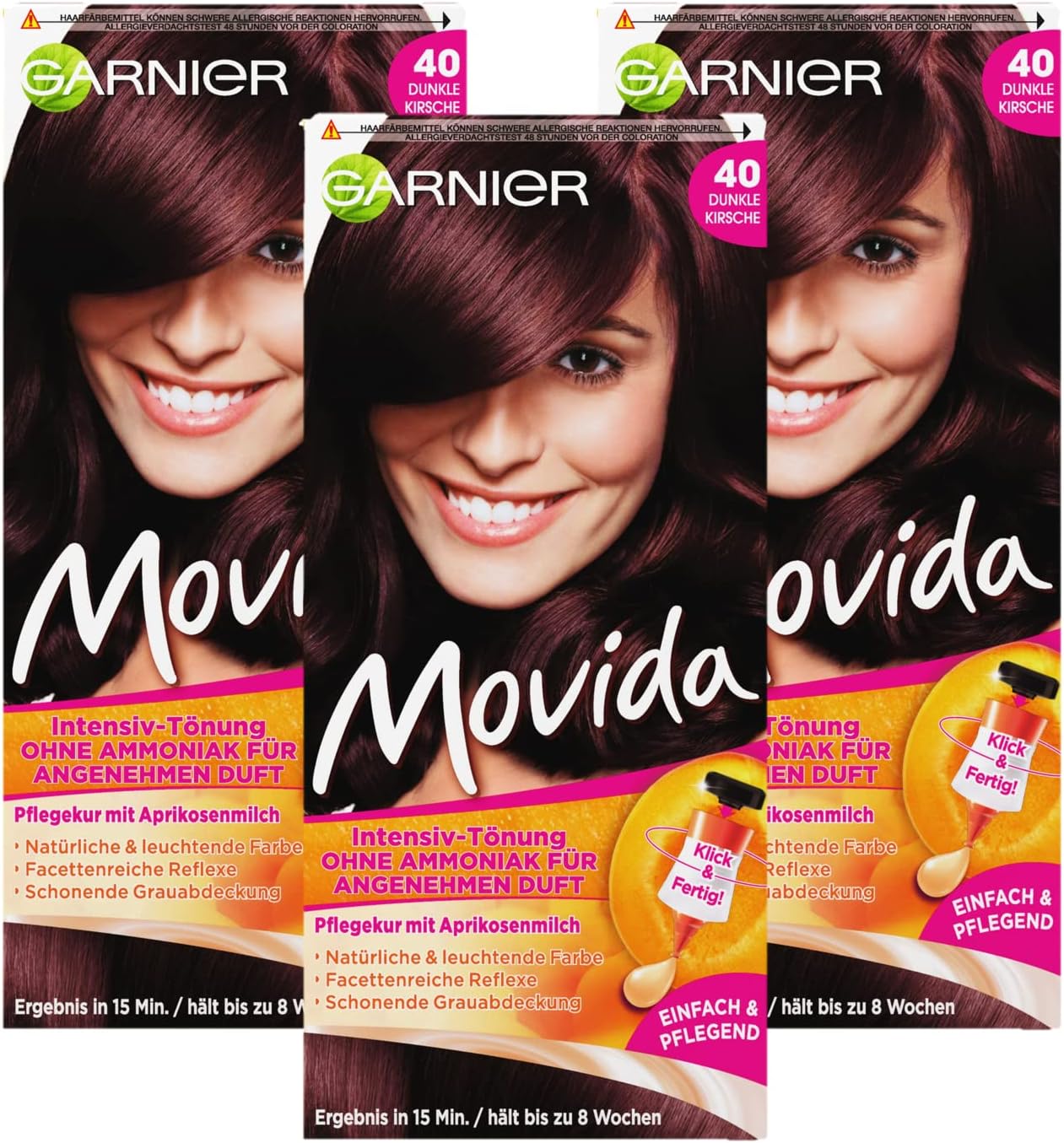 Garnier Movida Tint Care Cream / Intensive Tint Hair Colour 40 Dark Cherry (for Bright Colours, Also for Grey Hair, Without Ammonia) Pack of 3 Hair Colouring Set
