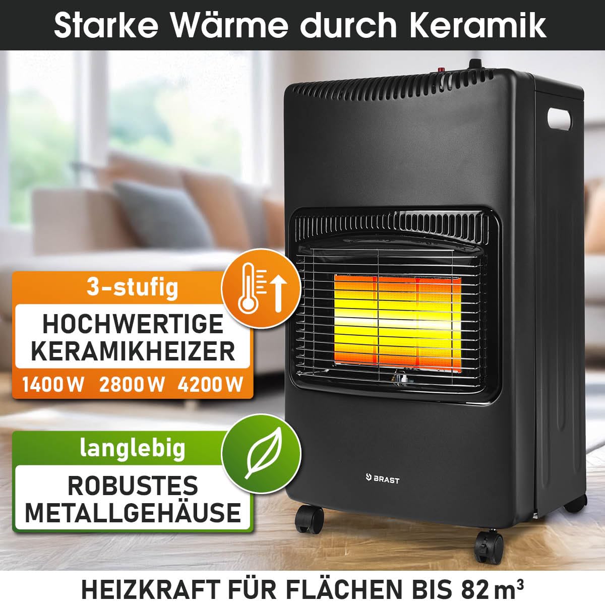 BRAST Gasheizer Keramik Vulkan 4200W | 3 Heizstufen | inkl. Schutzhülle Druckminderer mit Schlauch & Füllstandsanzeige | klappbar & mobil | für Gasflaschen bis 15kg | Gasheizung Heizstrahler Heizgerät