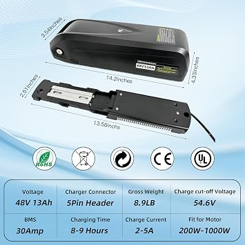 48V13Ah Ebike Battery,48V/52V Lithium Battery with Power Light,USB Port,Safe Lock, XT60 Connector, Battery Base for 200W-1500W Controller,Electric Dirt/Mountain Bike(UL Certificated)