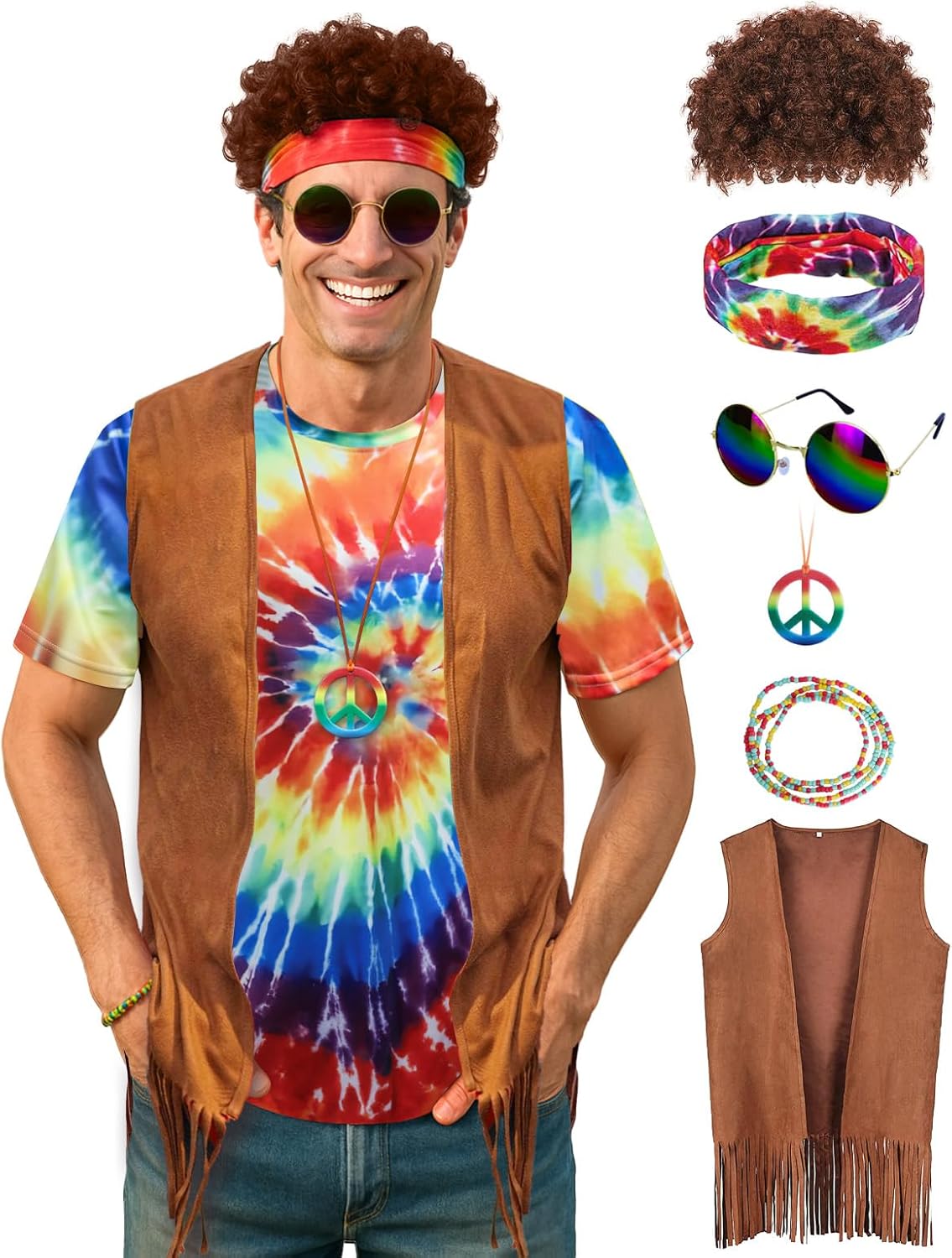 Hippie Costume for Men 60s 70s Outfits for Men Tie Dye Shirt Set Fringe Carnival Vest Wig Tie Dye Headband for party
