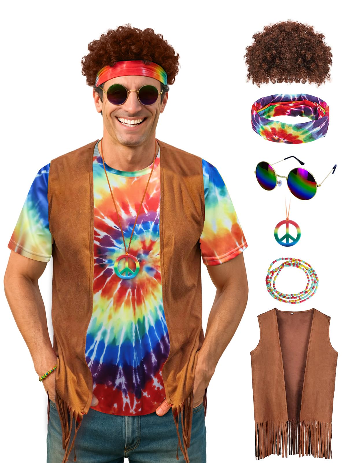 Hippie Costume for Men 60s 70s Outfits for Men Tie Dye Shirt Set Fringe Carnival Vest Wig Tie