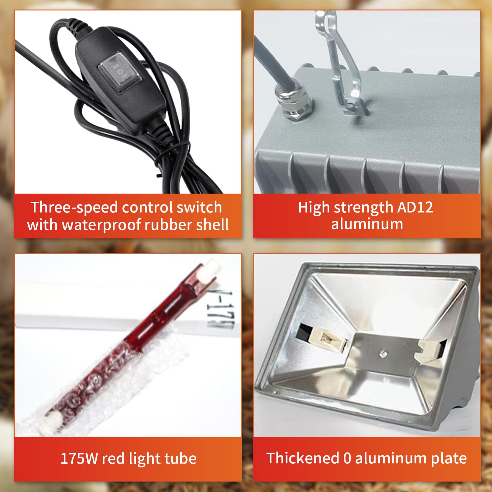 Lampe chauffante à lumière rouge - 175 W - Pour poulaillers - Avec interrupteur économique - Câble de 1,7 m - Lampe chauffante automatique - Thermostatique - Pour poussins, porcelets, chiots