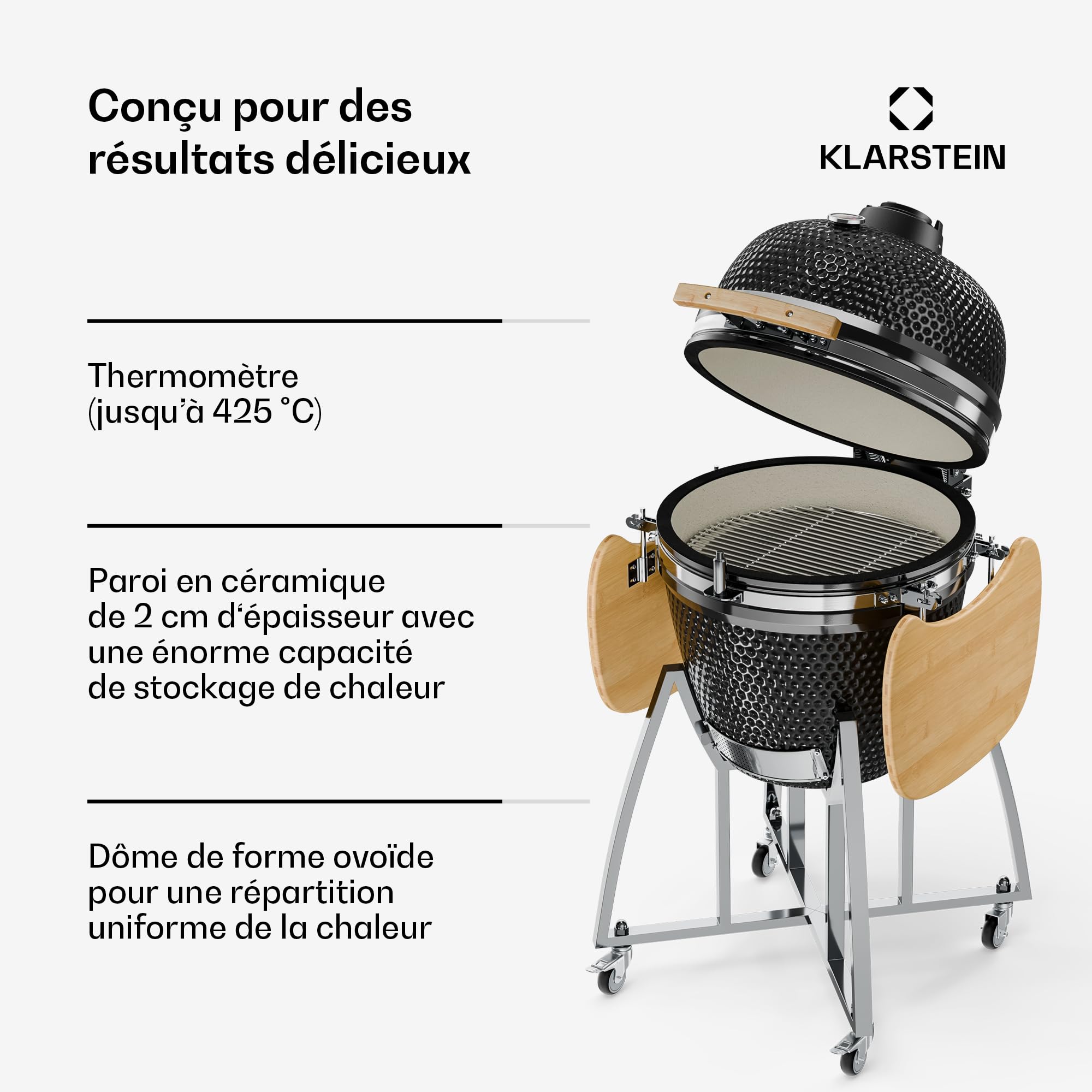 Klarstein Kamado-Grill - zum Grillen, langsamen Garen, Smoken oder Backen, abnehmbare Seitenteile, Keramik, Edelstahl, Bambus, Thermometer von 0-400 °C, 3 Rollen, 75 x 132 x 125 cm, schwarz