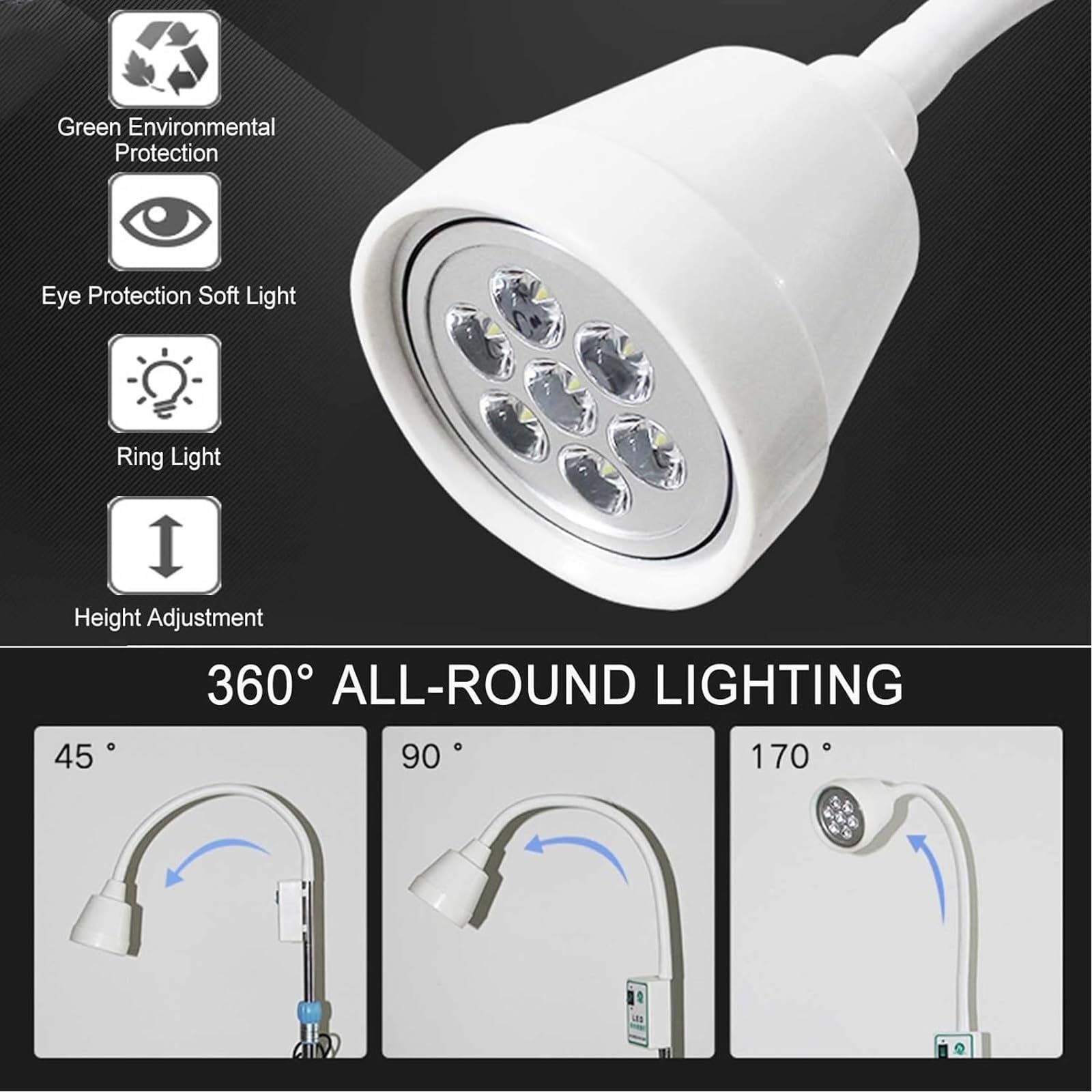 Lampa do Badań Lekarskich, Lampa Podłogowa do Badań Ginekologicznych, Lampa Chirurgiczna LED z Regulacją Wysokości i Kąta, Dla Ambulatoriów, Stomatologii, Laryngologów