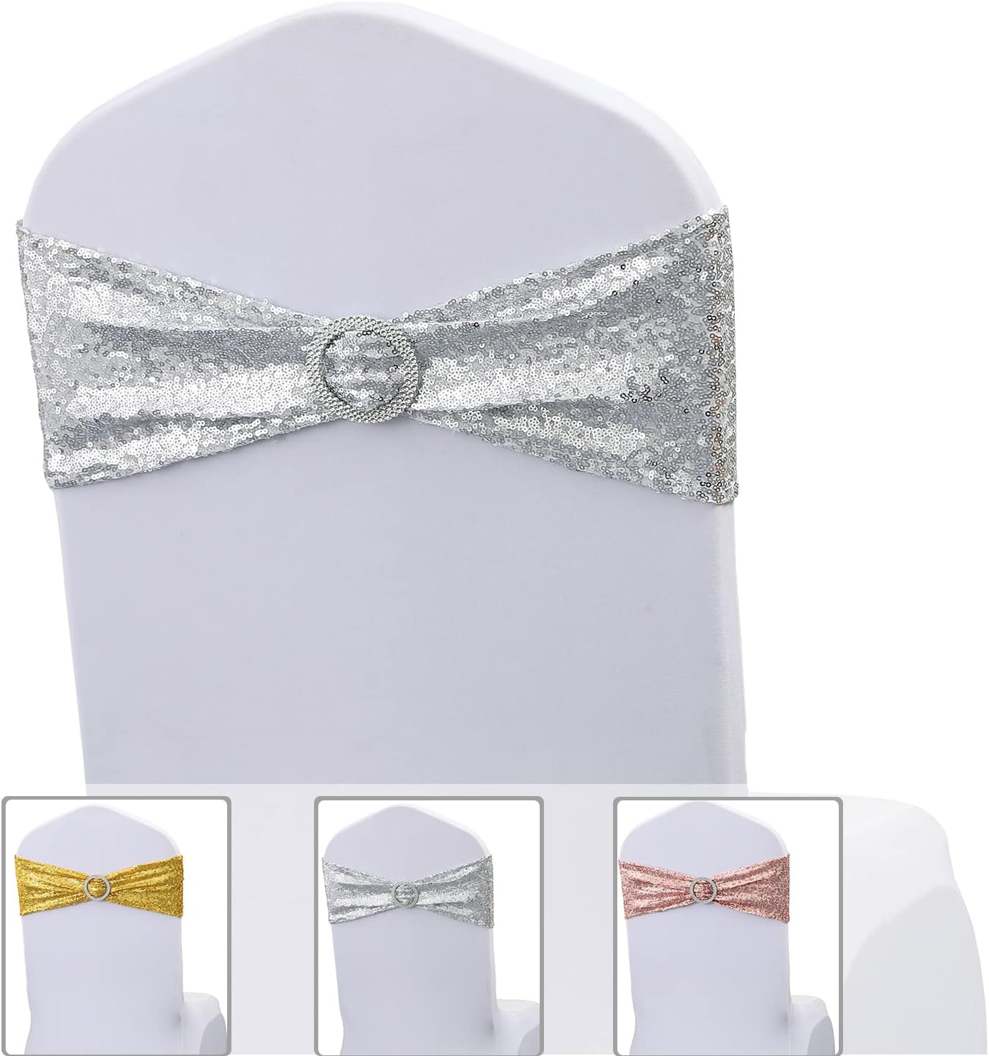100 Pack All Around Sequin Silver Chair Sashes Bows for Wedding Celebration Decor JKDMJF Sequins Chair Bands with Buckles for Party Baby Shower Chair Decorations, Glitter Silver Chair Sash