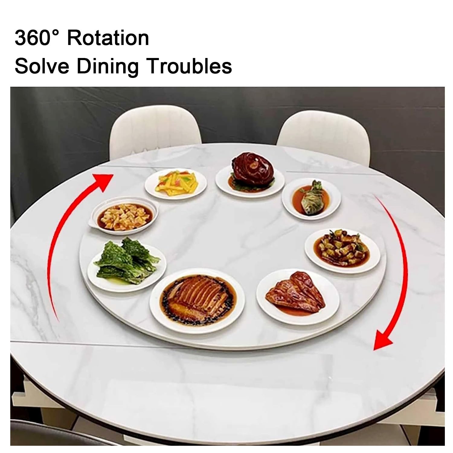 Plateau Tournant Rond Lazy Susan, Plateau Tournant en Ardoise, Assiette de Service Rotative à Texture Marbre, Rotation Silencieuse à 360°, Facile à Nettoyer(Matte White,60cm/24)