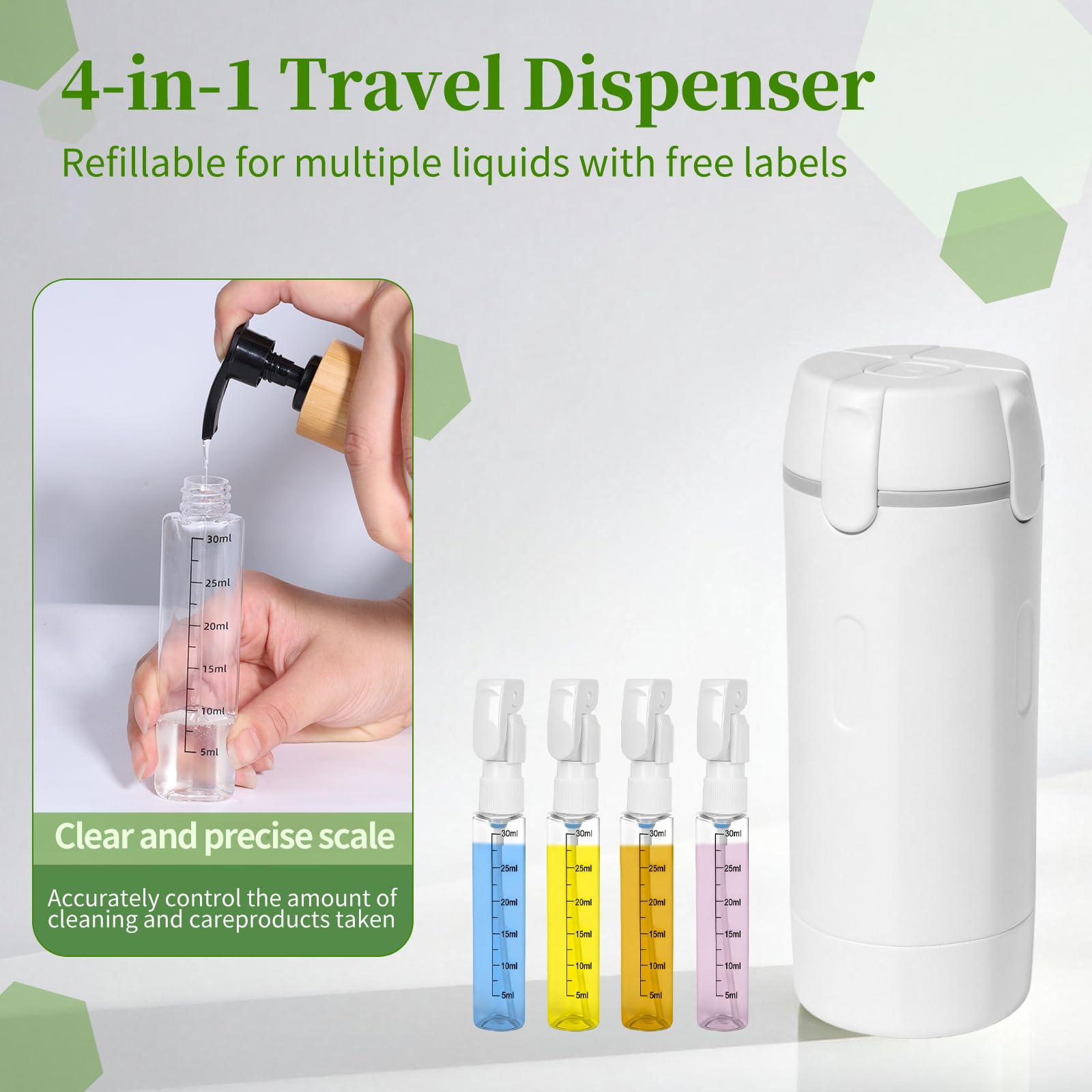 4 in 1 Travel Dispenser, Travel Bottles for Toiletries, Leak Proof Refillable Dispenser Set for Shampoo Conditioner Lotion Cream, Portable Containers for Vacation and Business Travel (White) - 4