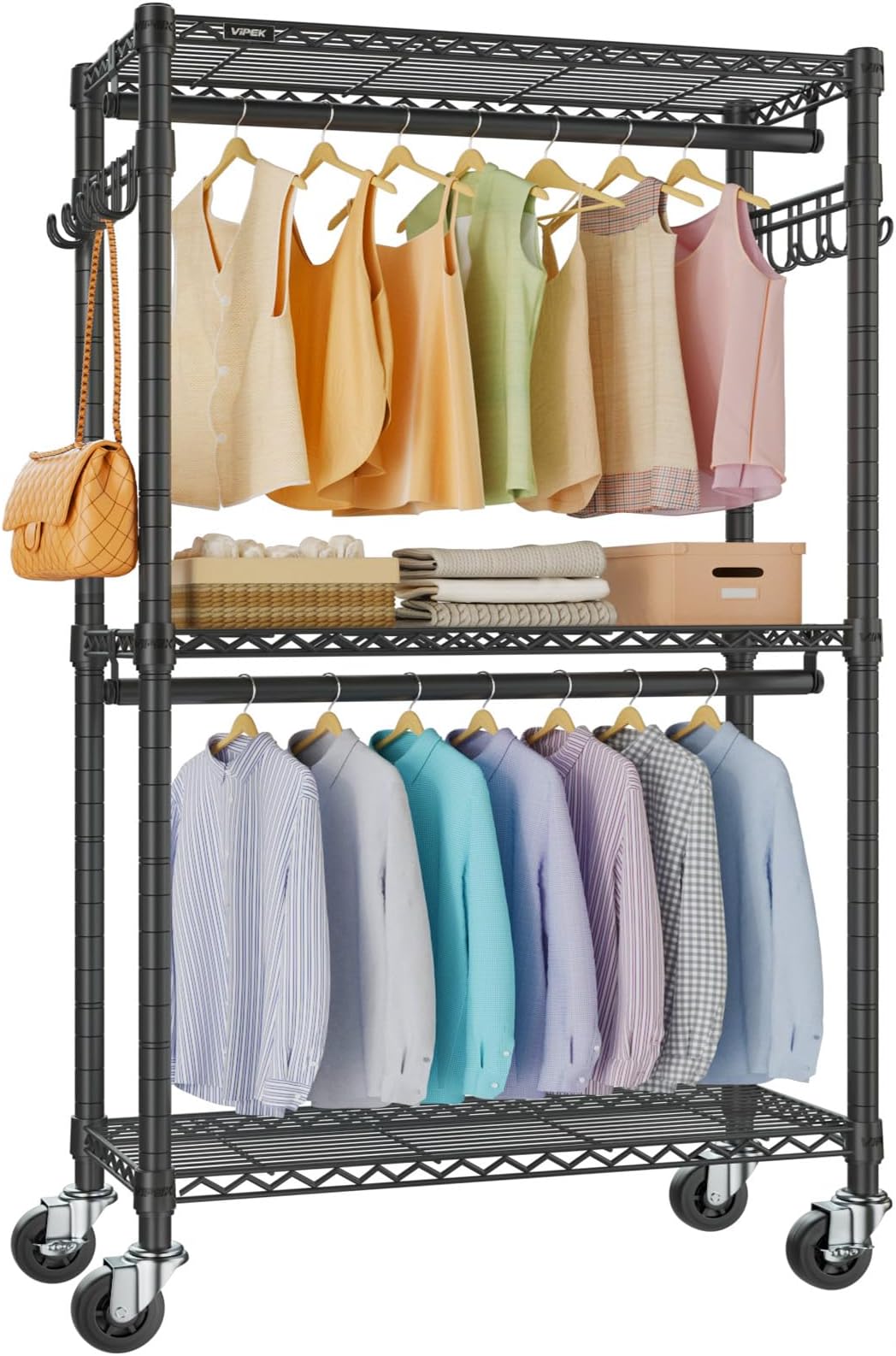 - VIPEK R2 Medium Rolling Clothes Rack Heavy Duty Clothing Rack for Hanging Clothes Adjustable Metal Wire Shelving Portable Closet with Wheels Side Hooks, Freestanding Closet Wardrobe, Black