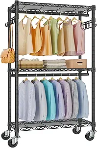 VIPEK R2 Medium Rolling Clothes Rack Heavy Duty Clothing Rack for Hanging Clothes Adjustable Metal Wire Shelving Portable Closet with Wheels Side Hooks, Freestanding Closet Wardrobe, Black