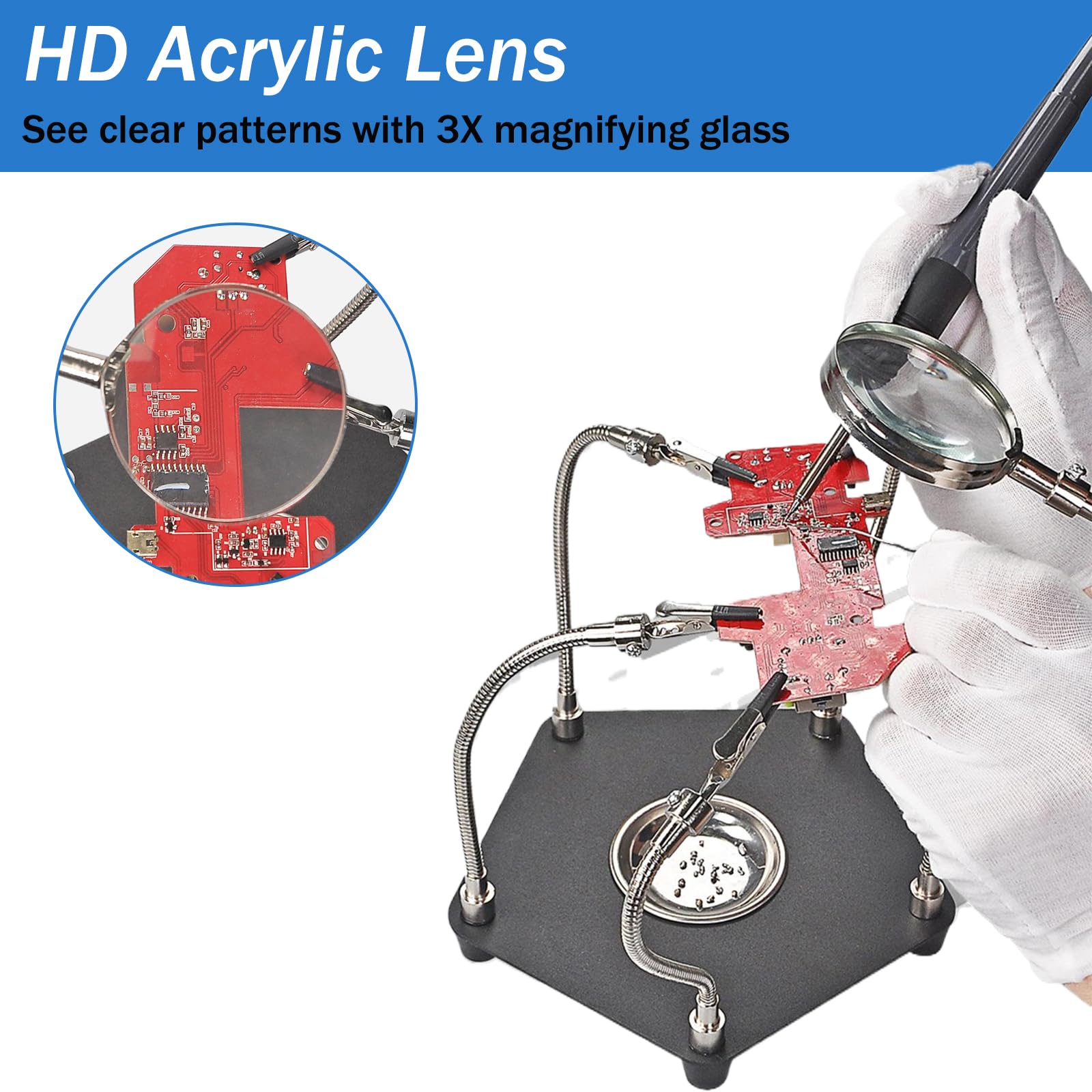 WEBCAB Soldering Helping Hands, Soldering Station with 3X LED Magnifying Lamp, Metal Circuit Board Holder, 4 Flexible Metal Arms Third Hand Tool for Electronic Repair Jewelry Crafts