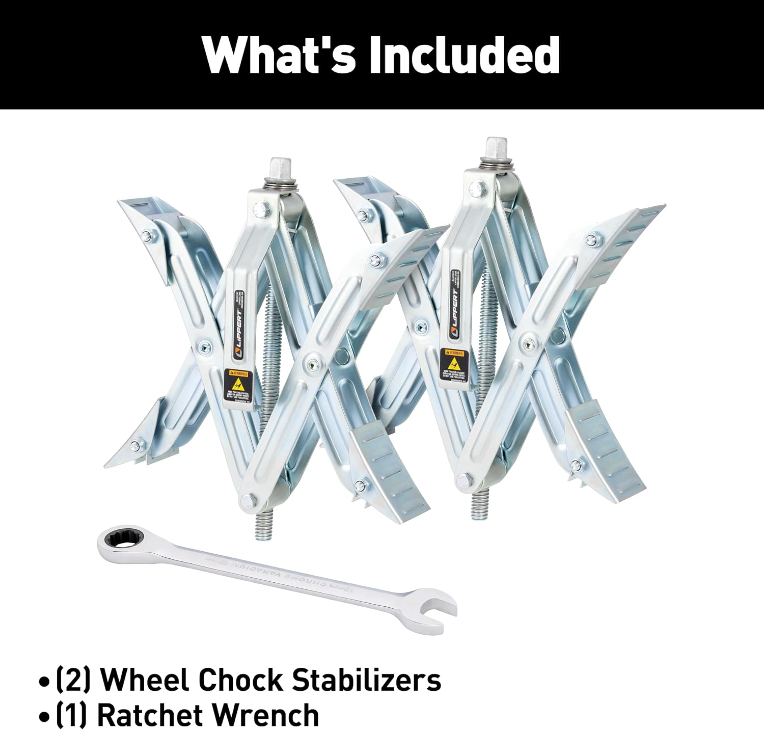 Lippert 2-Pack RV Wheel Chock Stabilizers with Zinc-Coated Steel Construction, Ratchet Wrench - 2024121205