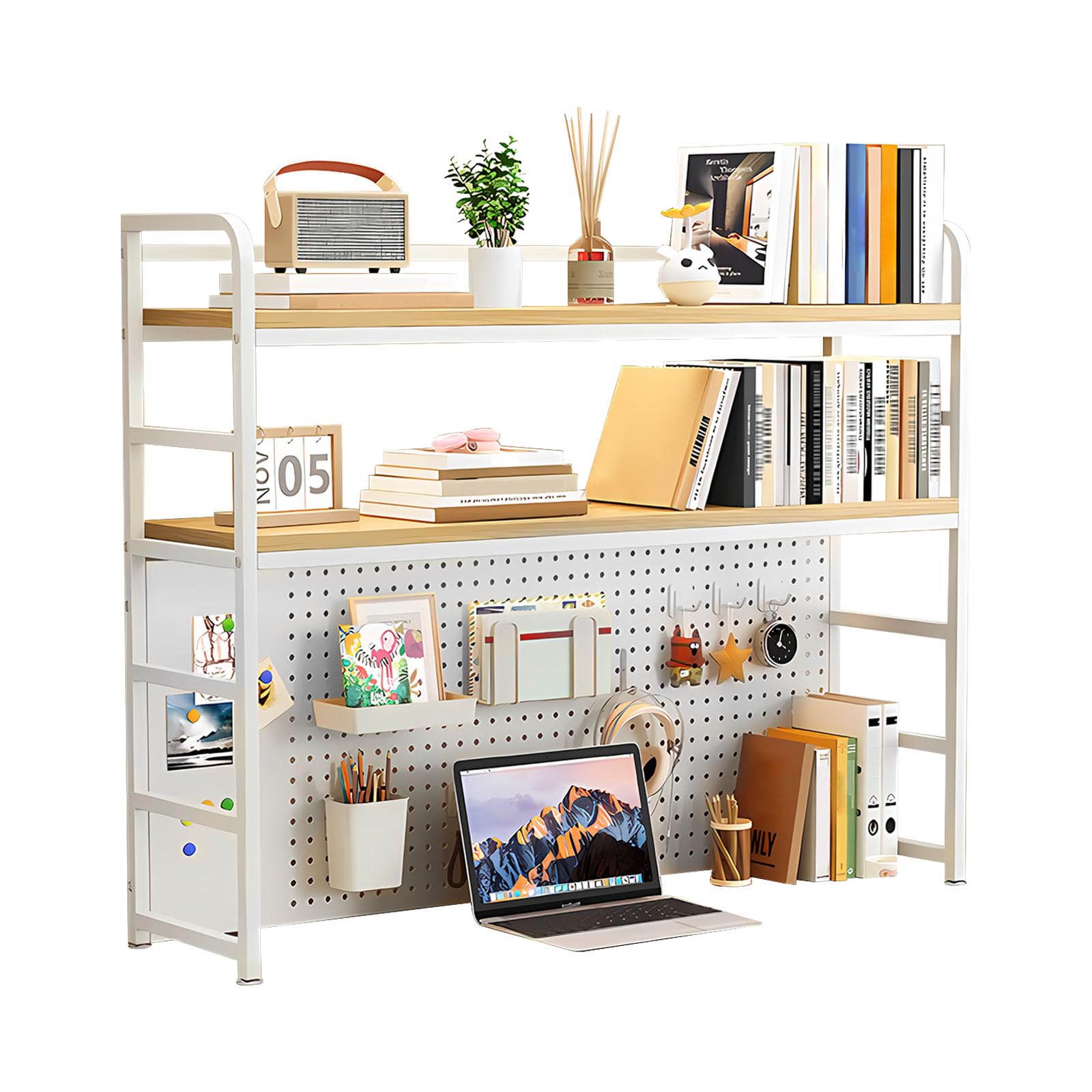 Desk Hutch Shelf Dorm 2 Tier Countertop Desktop Bookshelf With Pegboard,metal /MDF Desk Top Bookcase for Computer desk, Desk Storage Organizer Rack