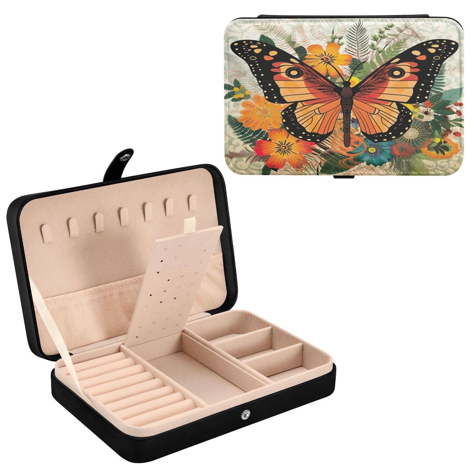 Haskirky Flowers Butterflies Jewelry Box Portable PU Leather Travel Jewelry Organize for Women Jewelry Storage Display Holder for Ring, Necklace, Earring