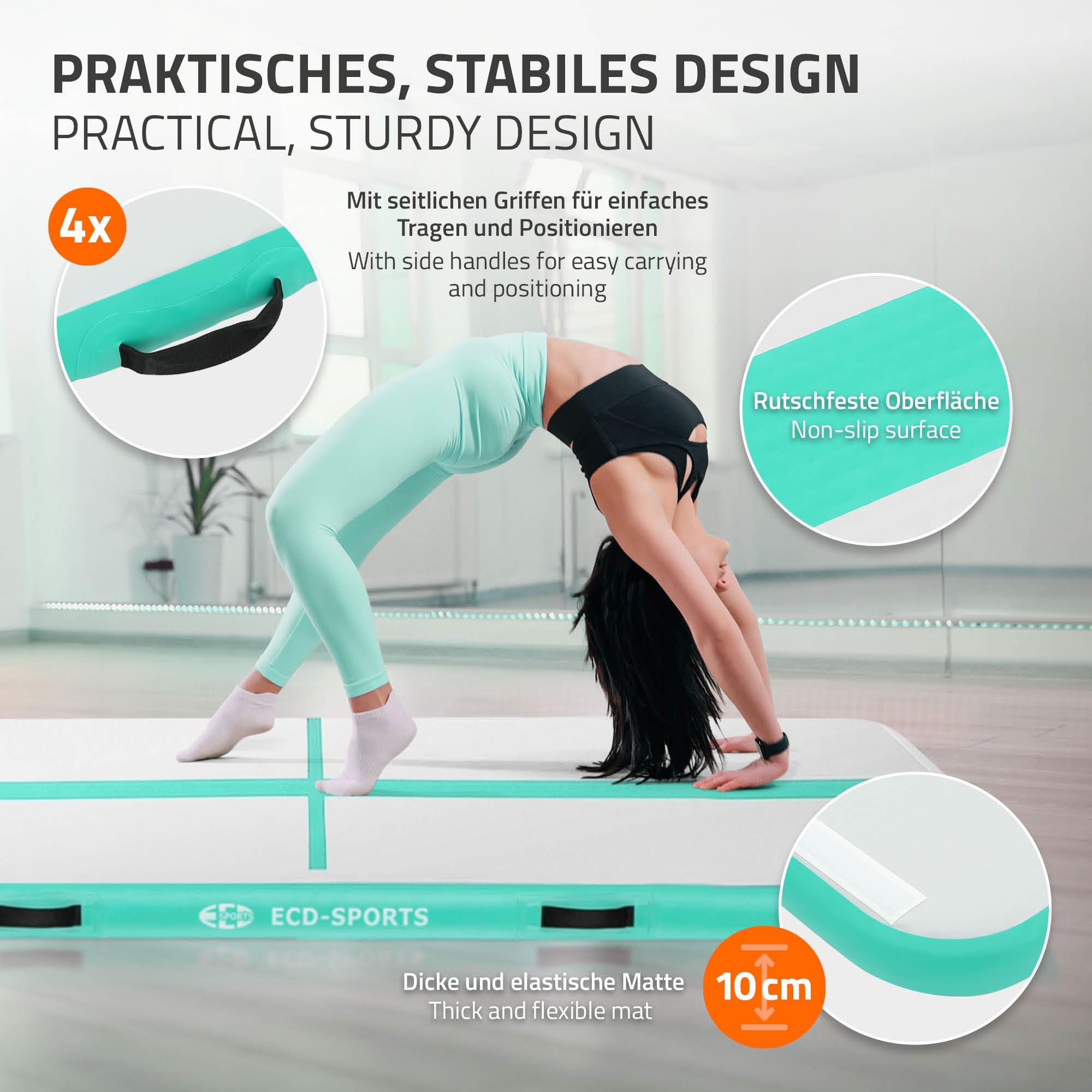 ECD Germany Tapis Airtrack 3m/4m/5m, Rose ou Vert Menthe, Épaisseur 10cm, Piste de Gymnastique Gonflable, Tumbling, Yoga, Pilates, Fitness, avec Pompe Électrique et Sac de Transport, Équipement Sport