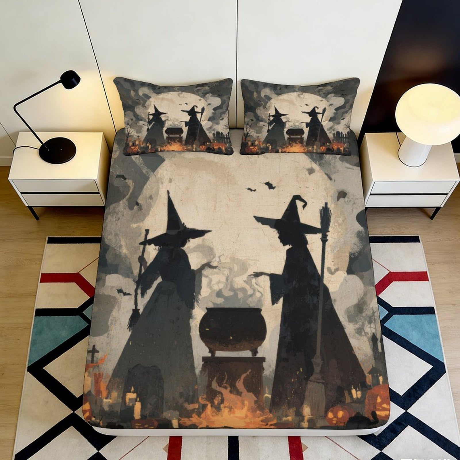 3D Printed Witch Silhouette Fitted Sheet Microfiber Durable Soft Printed Cauldron Bed Cover for Bedroom Dormitory Guest Room Mattress Protection 140x200x25cm