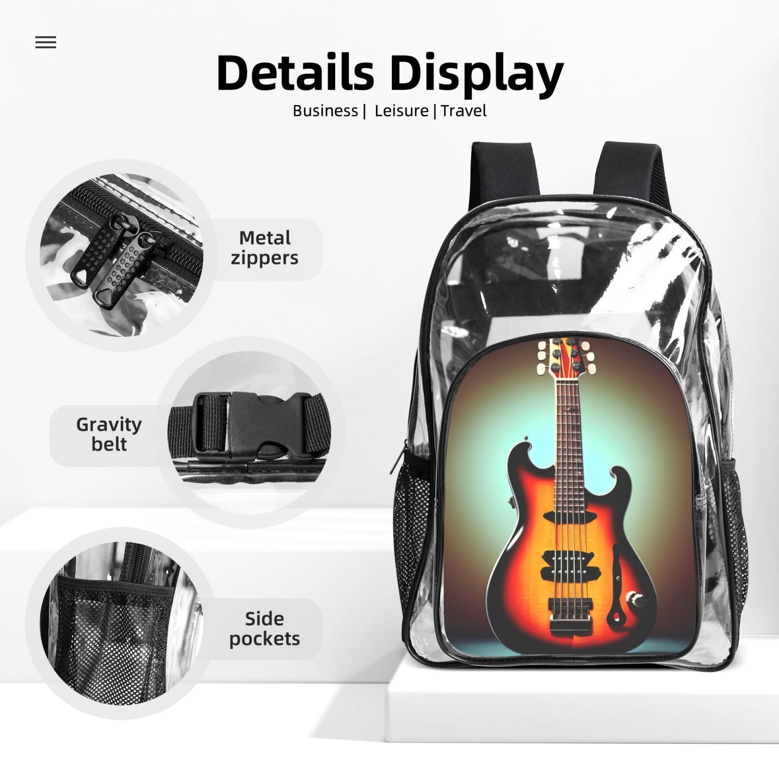 Gitara basowa muzyka instrument muzyczny nadruk kobiety mężczyźni dzieci przezroczysty plecak zestaw szkoła podróż przezroczysty 3-częściowy pojemnik na lunch