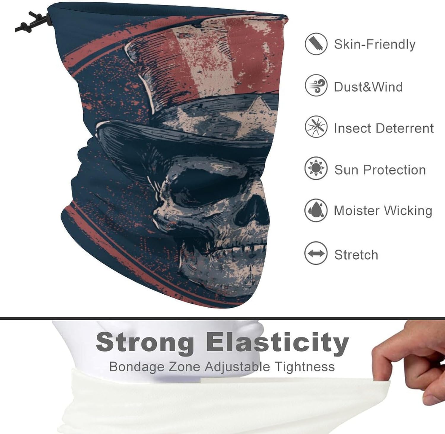 Skull Wearing A Hat Men's Neck Gaiter Face Cover, Polyester Breathable Scarf with Drawstring Toggle Adjuster