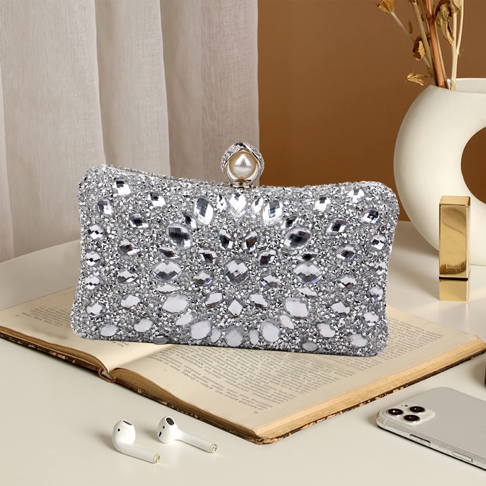 Bolsa de Noche para Mujer Diamantes de Imitación Clutch Bolsa de Noche Pequeña Elegante Bolso de Hombro Bolso de Boda Lujoso Fiesta de Graduación Banquete Bolsos Bandolera Plata