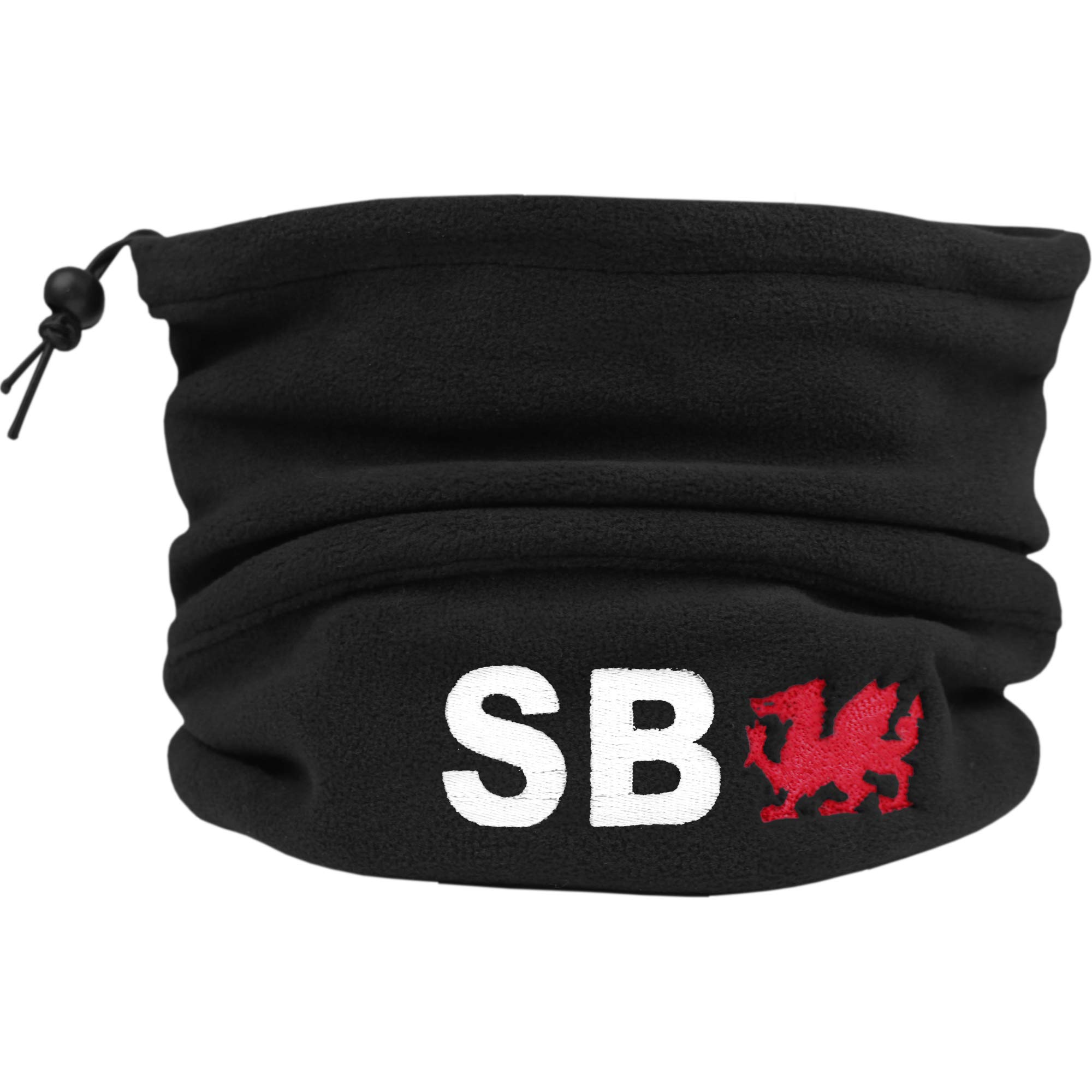 TeddyTs Personalised Wales Thermal Black Fleece Sports Snood with Adjustable Toggle (White Embroidery)