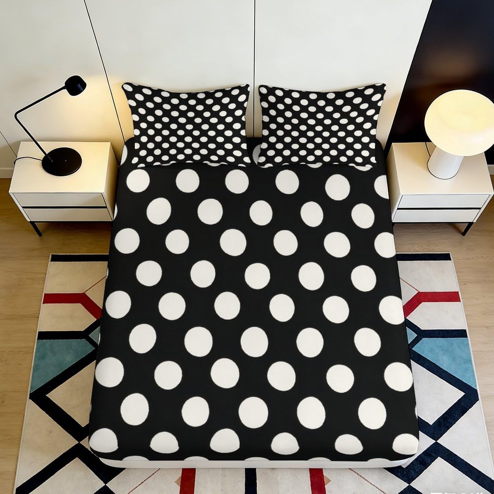 3D Printed Polka Dot Fitted Sheet Microfiber Black White Geometric Bed Cover for Bedroom Guest Room Easy Care 90x200x25cm