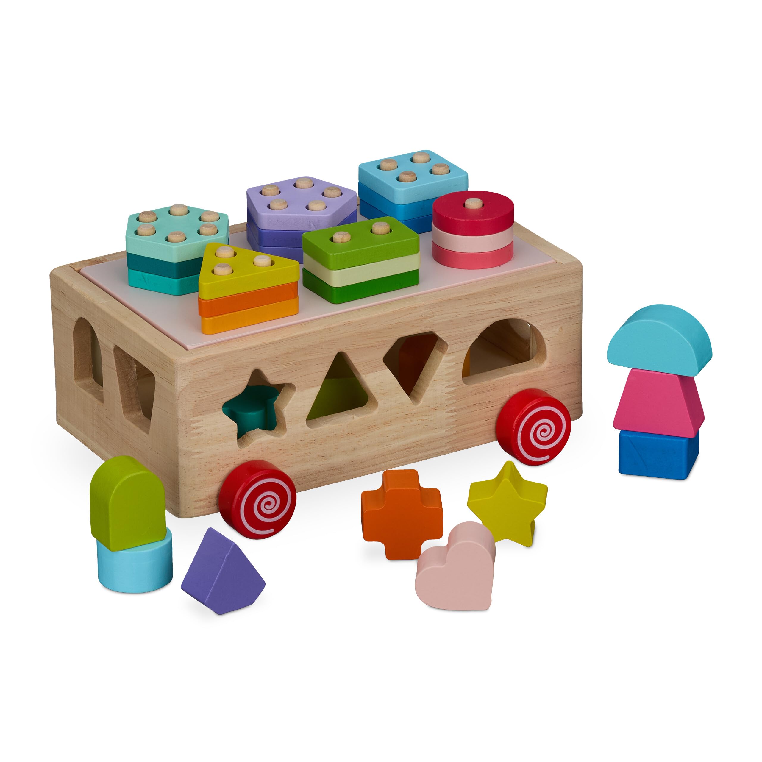 Relaxdays Wooden Shape Sorter, Block Sorting Cube with Stacking Game, Ages 3 and Up, Motor Skills Toy, Multicoloured, Fibreboard, Wood, 11.5 x 16.5 x 21.5 cm