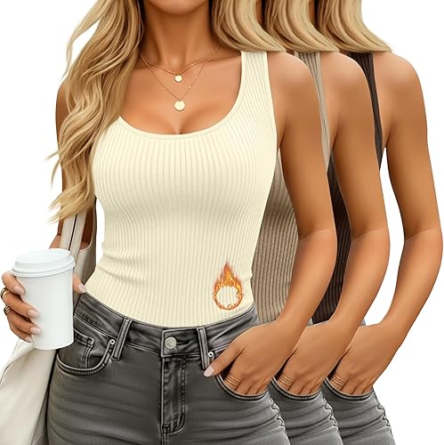 Paquete de 3 camisetas térmicas sin mangas acanaladas para mujer, de forro polar de algodón, cuello redondo, ajustadas, capa base de camisola Marrón