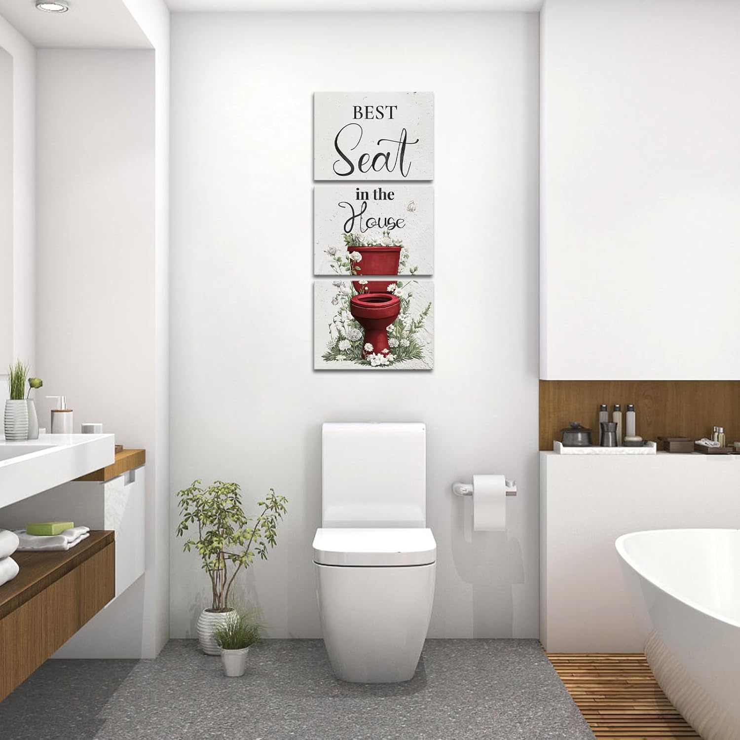 sechars Best Seat in the House Wall Art Funny Bathroom Signs Pictures Painting Modern Red Bathroom Wall Decor (Red)