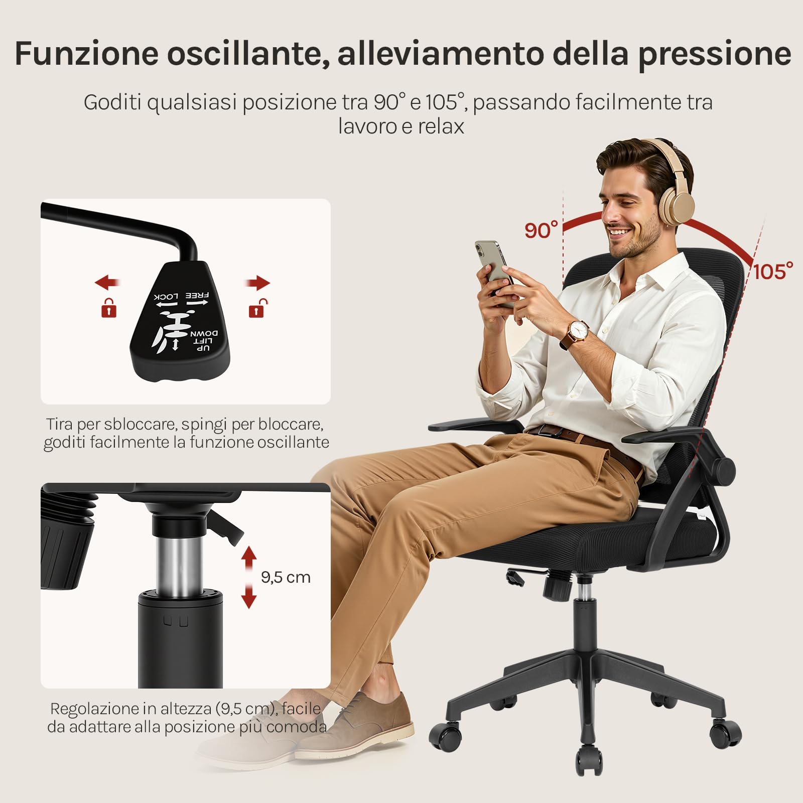 WOLTU Sedia da Ufficio Ergonomica con Supporto Lombare e Ruote, Altezza e Braccioli Regolabili, Sedia Scrivania con Funzione Oscillante e Girevole 360°, in Tessuto a Rete, per Studio o Ufficio, Nero