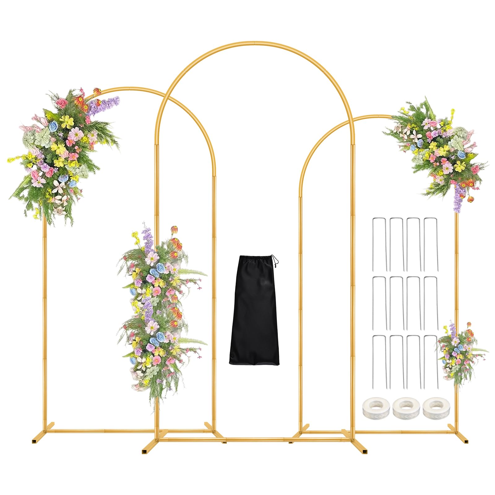 Photo 1 of Antizz Arch Backdrop Stand,7.2FT, 6.6FT, 6FT Set of 3 Metal Gold Balloon Arch Stand Kit Wedding Arch Stand for Baby Shower Birthday Party Event Decoration Garden Floral Balloon Arch with Base