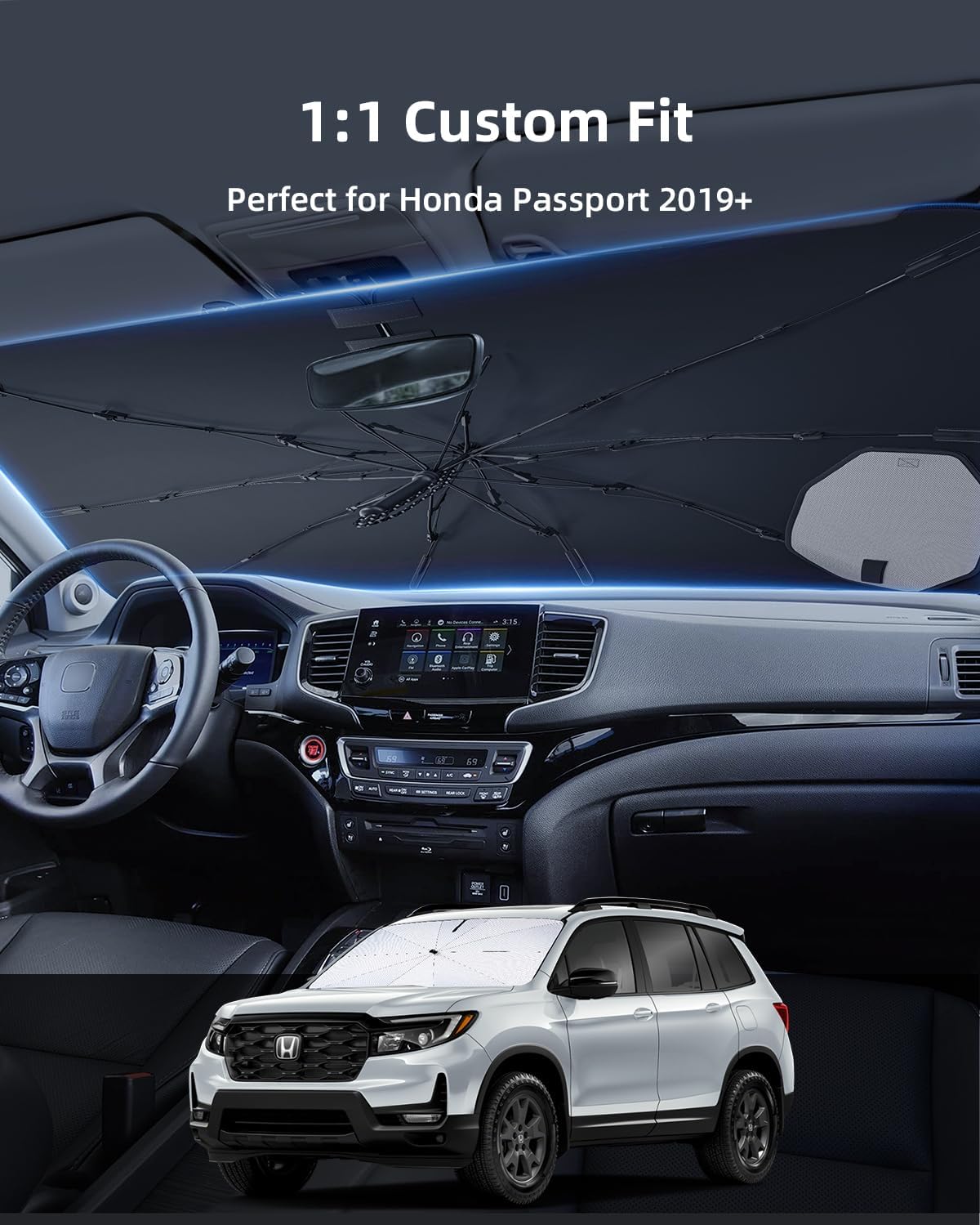 [2026 Upgrade] Windshield Sun Shade Cover for Honda Passport 2026 2025-2019 - Front Window Shades Umbrella for Windshield Sun Visor Protector, Foldable Sunshades Block UV Cooler Car Accessories