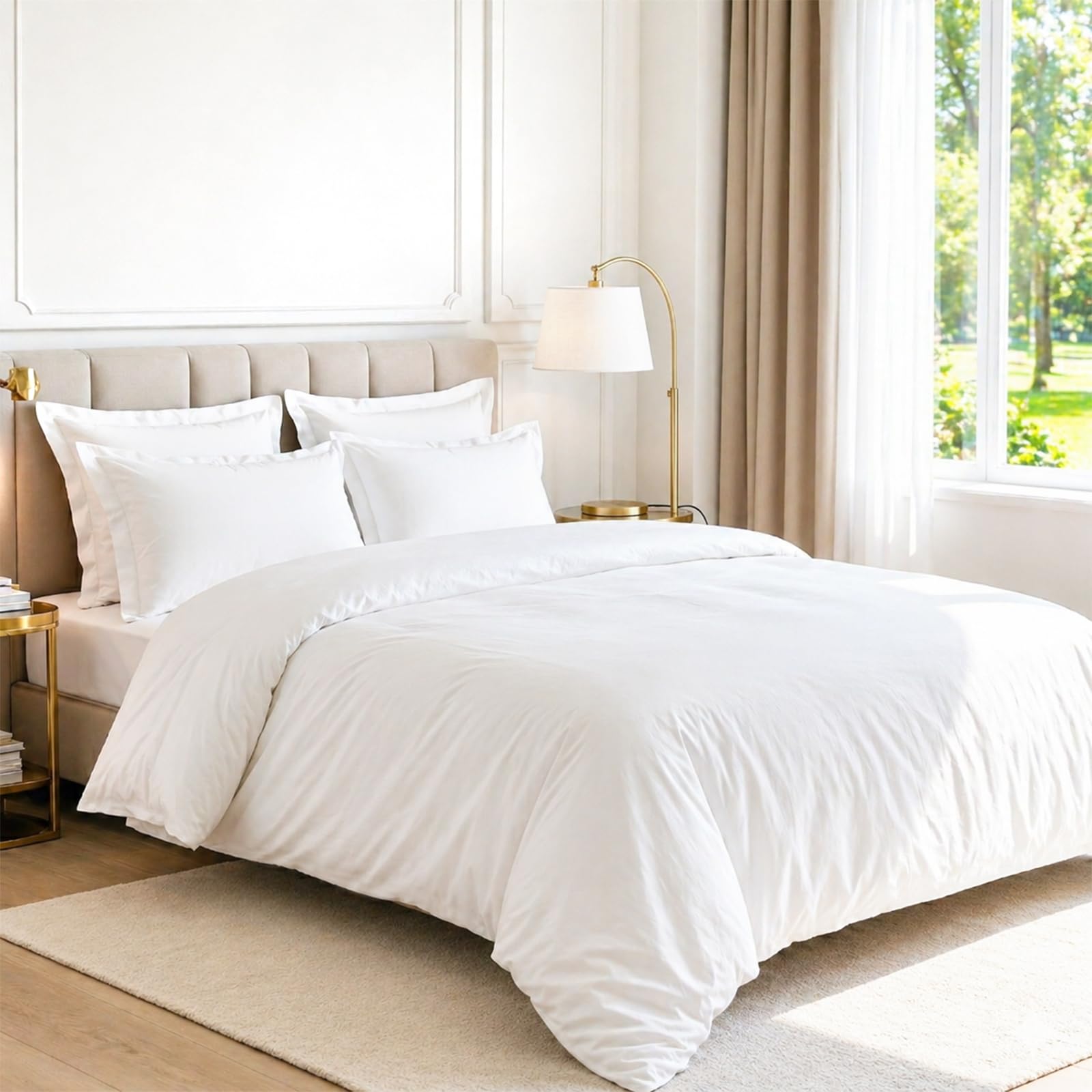 Pizuna 600 Thread Count Cotton King-Size-Duvet-Cover-Set, White 100% Long Staple Cotton White-Bedding King, Soft Sateen Weave 4 Corner Ties and Hidden Button Closure (Cotton Quilt Cover)