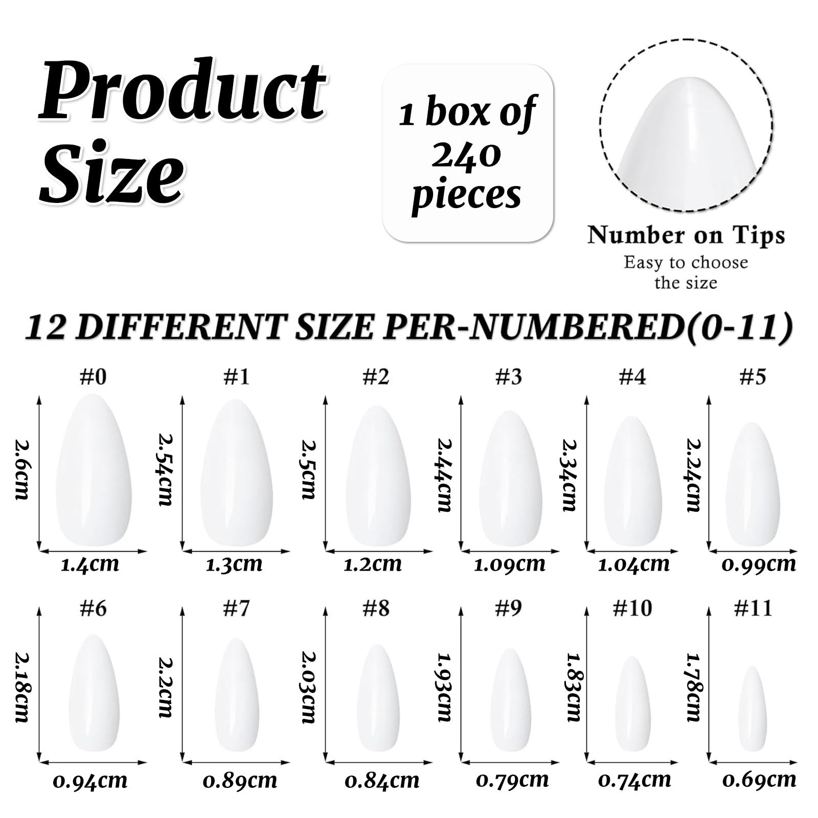 LunarCharm 240 Pieces White Almond Press-on Nails Medium Size False Nails, Artificial Nail Tips, 240 ml (Pack of 1) - Image 2