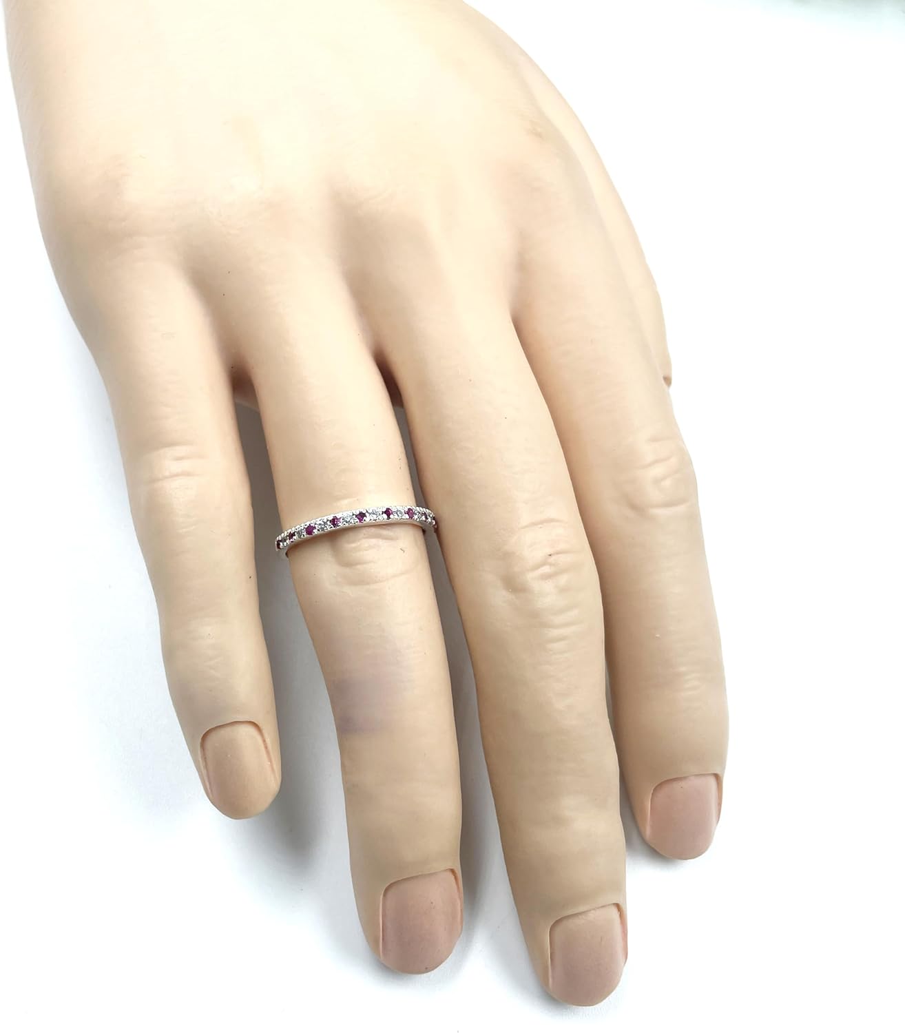 Alternate Red Ruby & White Diamond Wedding Band For Women, 14k Gold Finish July Birthstone Ruby Half Eternity Ring, Anniversary Band For Women