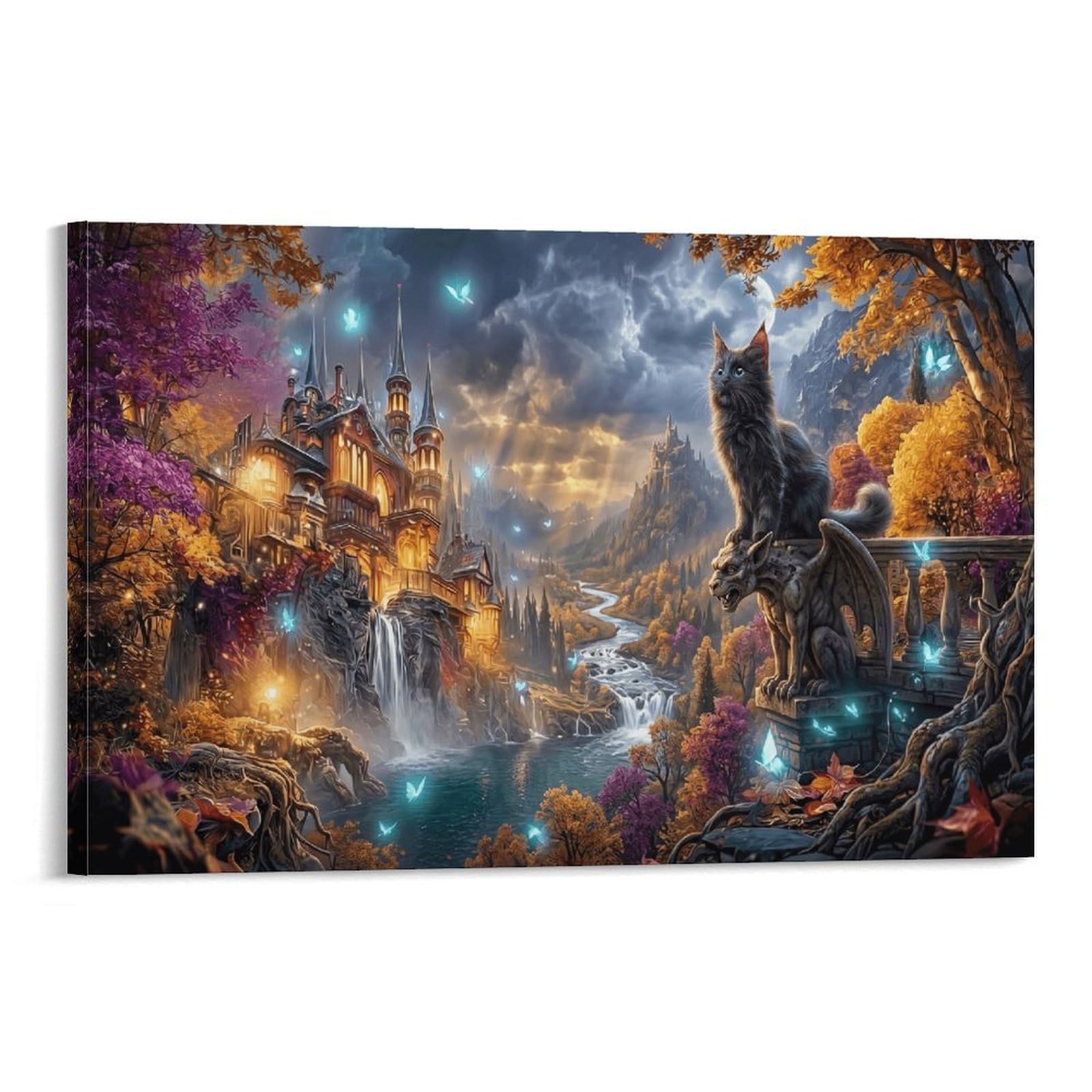 XPASHIQWC Black Cat Poster Artwork Autumn Forest Castle Canvas Prints Picture Modern Wall Art Picture Wall Hanging for Home Decorations 20x30inch(50x75cm)