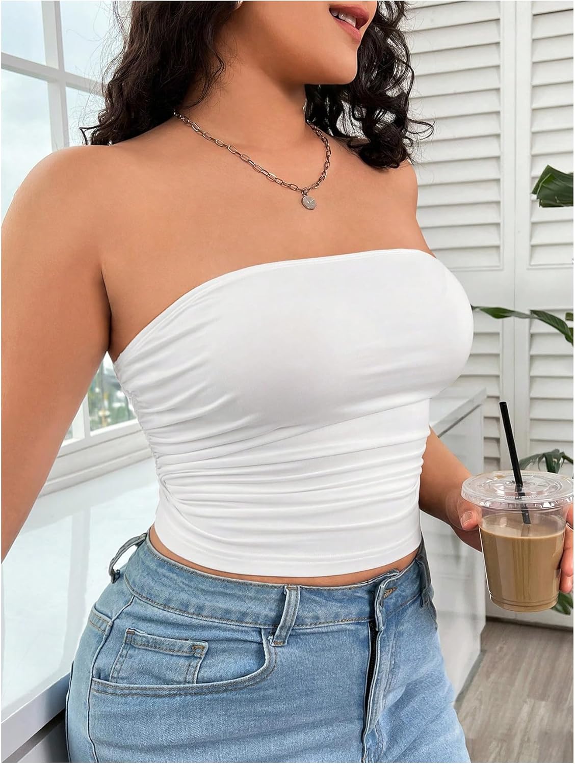 WDIRARA Women's Plus Size Strapless Ruched Crop Tube Tops Summer Slim Fit Sleeveless Bandeau Top - Image 6