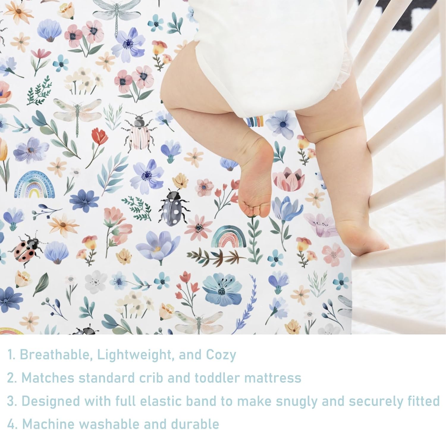 Spring Garden Flowers Rainbow Baby Crib Sheet 52''x28'' Watercolor Insects Floral Leaves Stretchy Fitted Crib Mattress Cover for Boy Girl Soft Nursery Bed Sheet for Standard Crib and Toddler Mattress